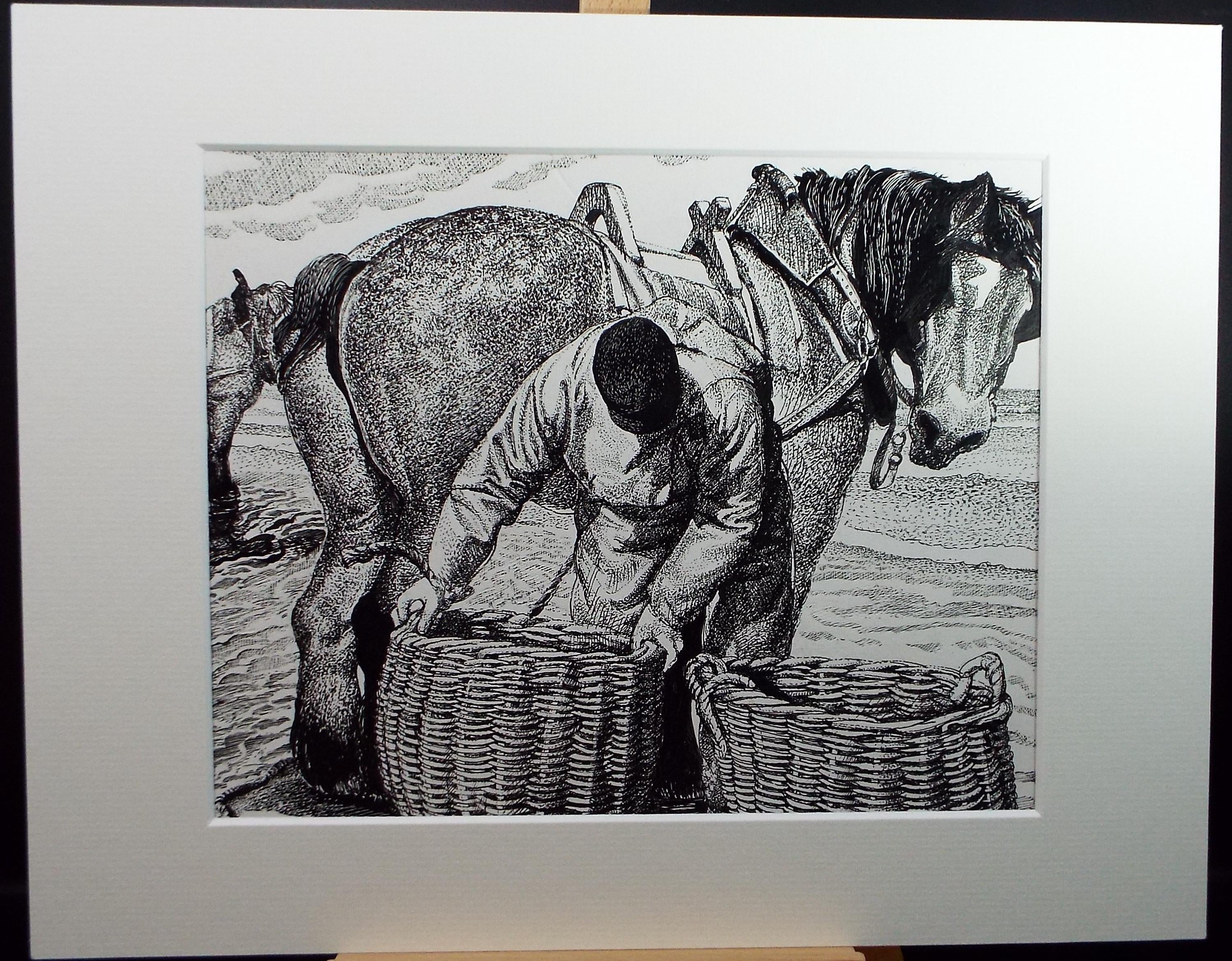 Original Scraperboard & Ink drawing, 'Cockle Pickers', Lorraine Abraham RSMA (1941-2023), Circa 1990's