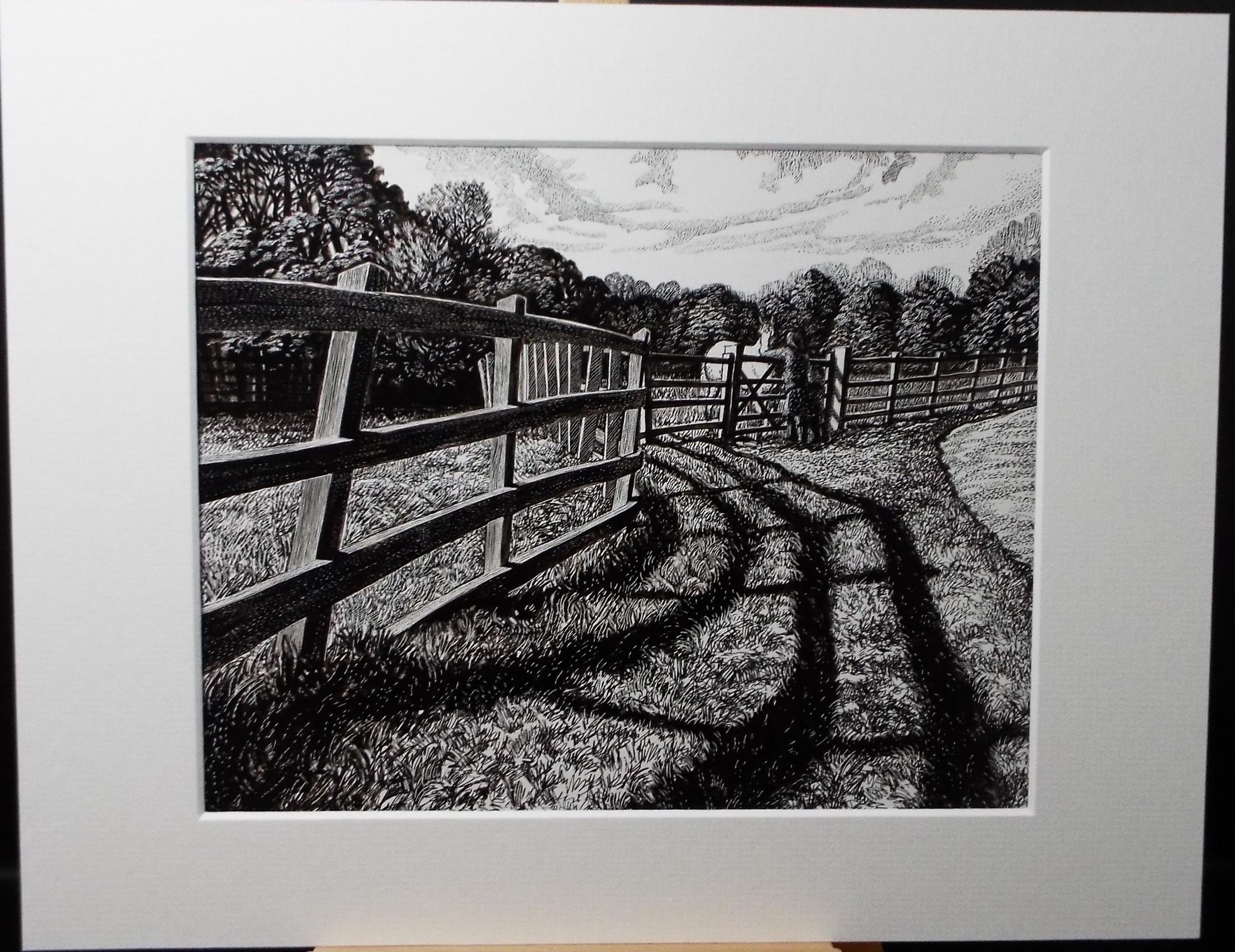 Original Scraperboard & ink drawing, 'In the Paddock', Lorraine Abraham RSMA (1941-2023), Circa 1990's