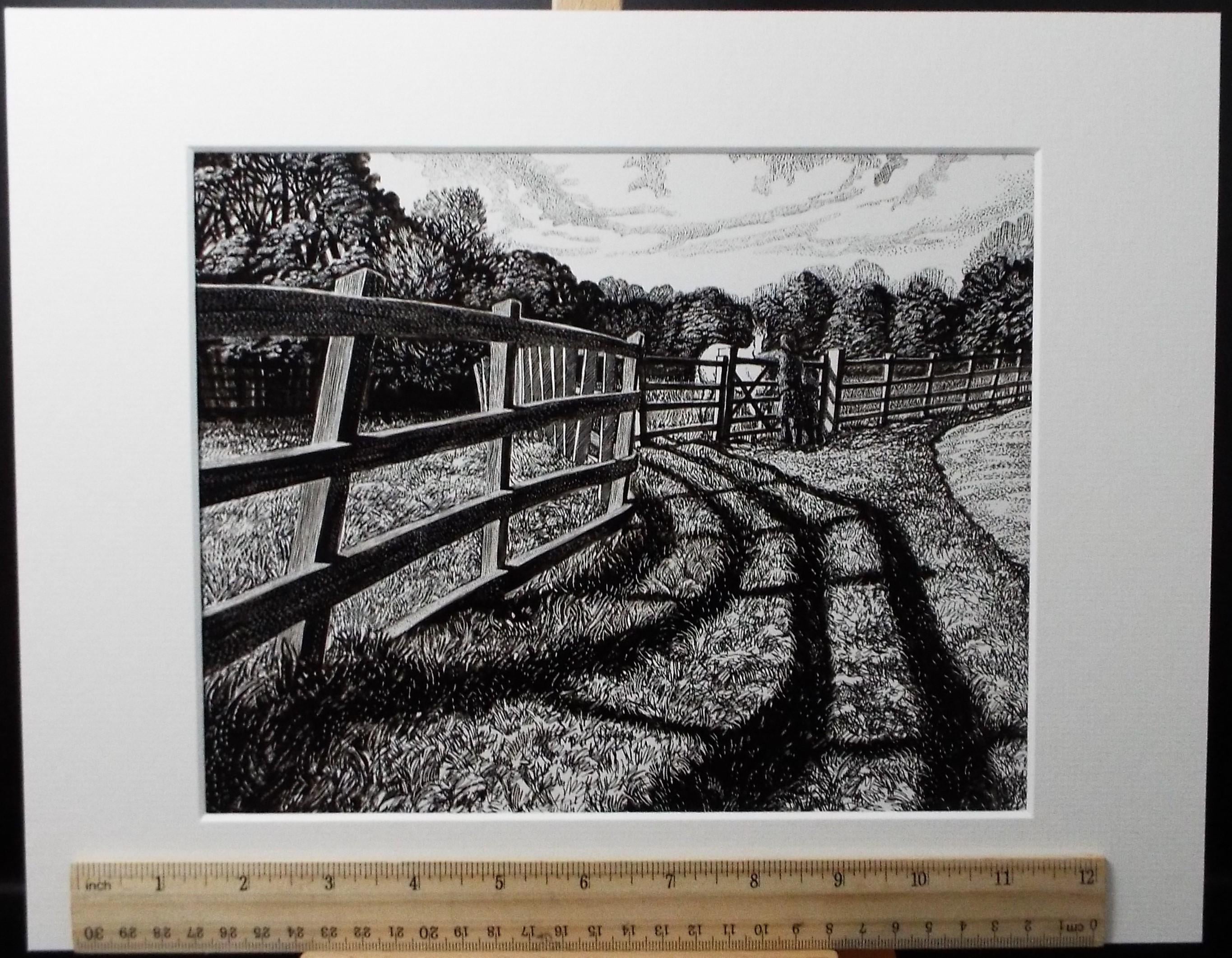 Original Scraperboard & ink drawing, 'In the Paddock', Lorraine Abraham RSMA (1941-2023), Circa 1990's