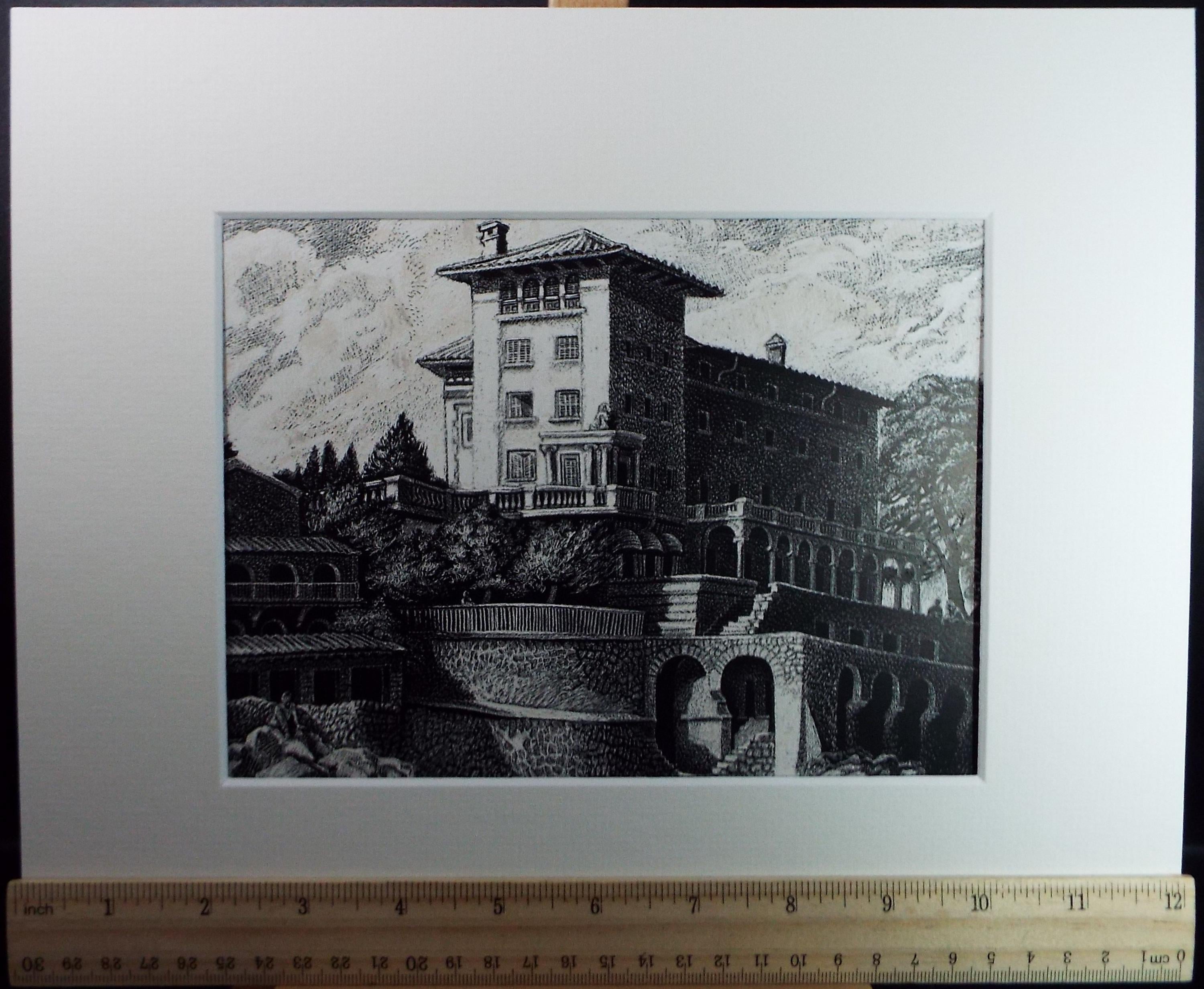 Original Scraperboard drawing, 'Italian Villa', Lorraine Abraham RSMA (1941-2023), Circa 1990's