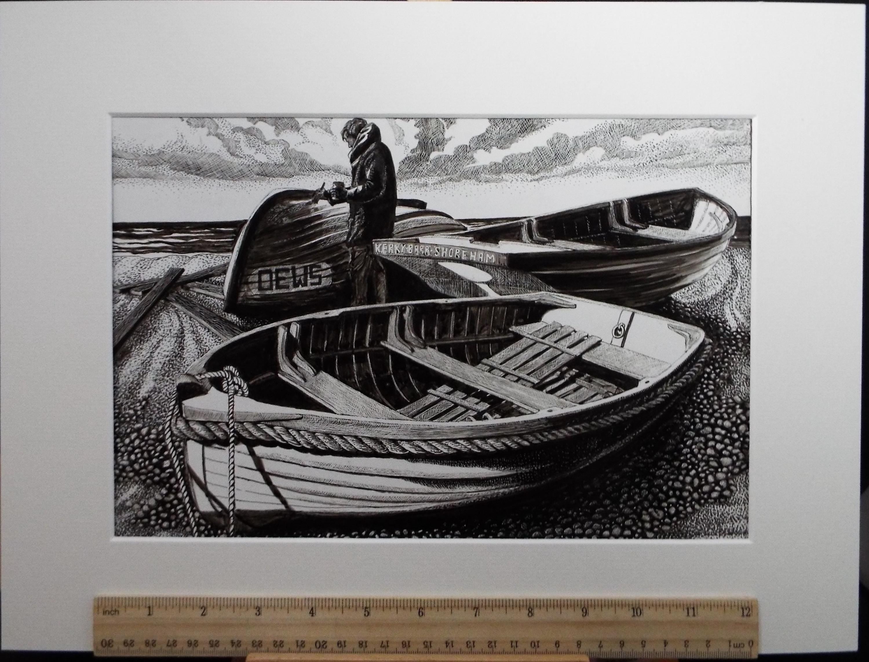 Original Scraperboard & Ink drawing, 'Boats on the Shore, Shoreham', Lorraine Abraham RSMA (1941-2023), Circa 1990's