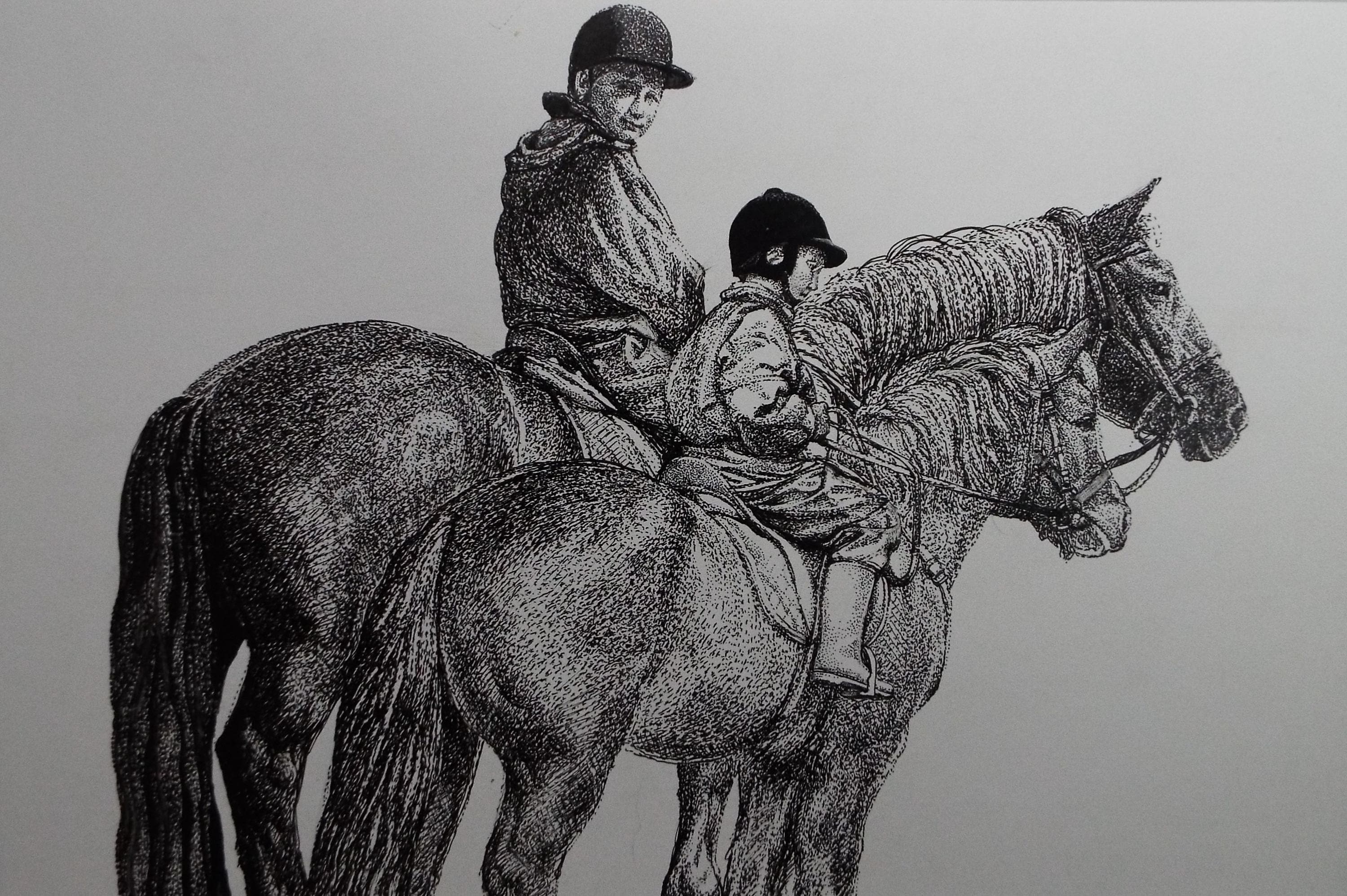 Original ink drawing, 'Two Riders', Lorraine Abraham RSMA (1941-2023), Circa 1990's