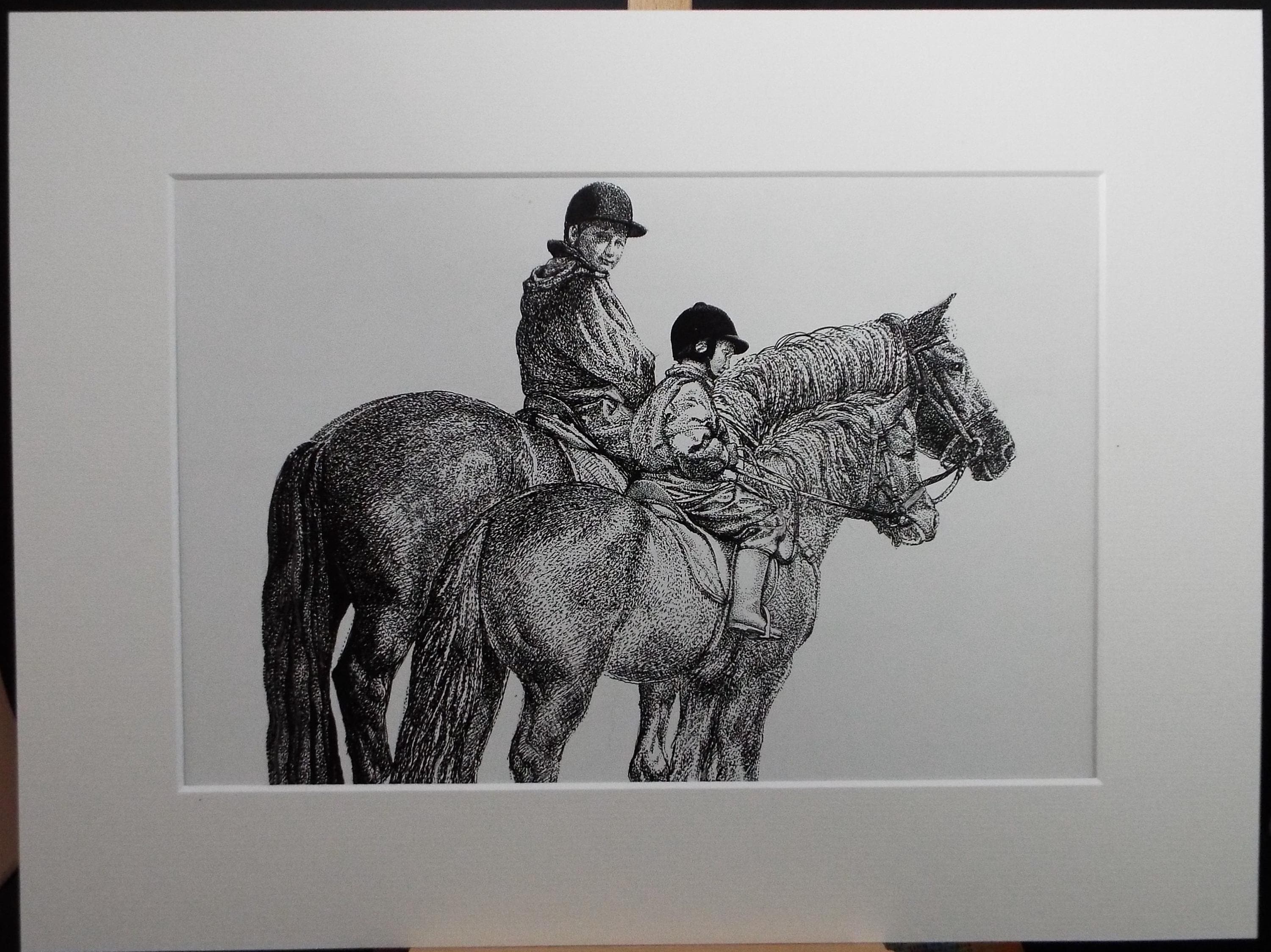 Original ink drawing, 'Two Riders', Lorraine Abraham RSMA (1941-2023), Circa 1990's