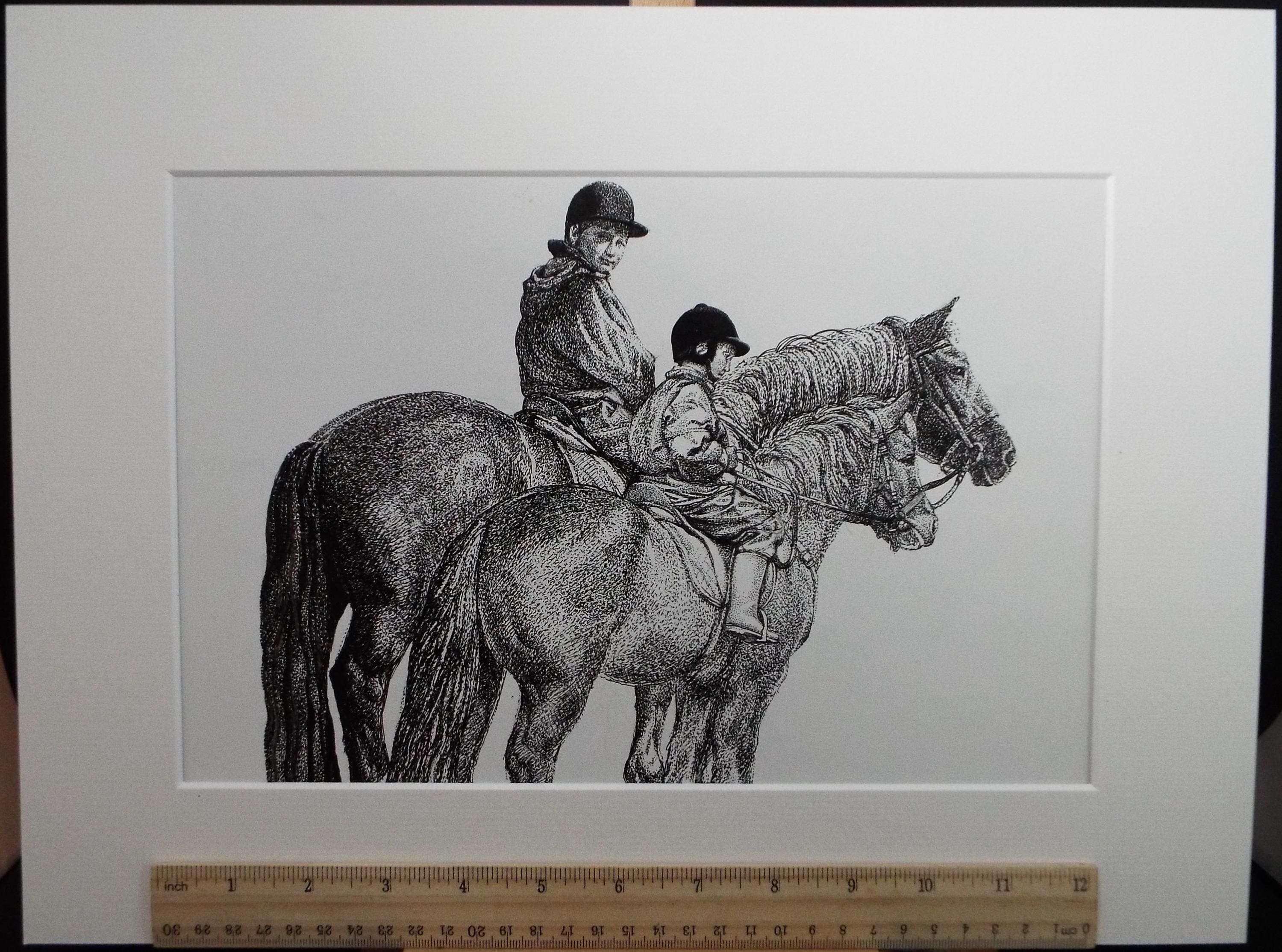 Original ink drawing, 'Two Riders', Lorraine Abraham RSMA (1941-2023), Circa 1990's