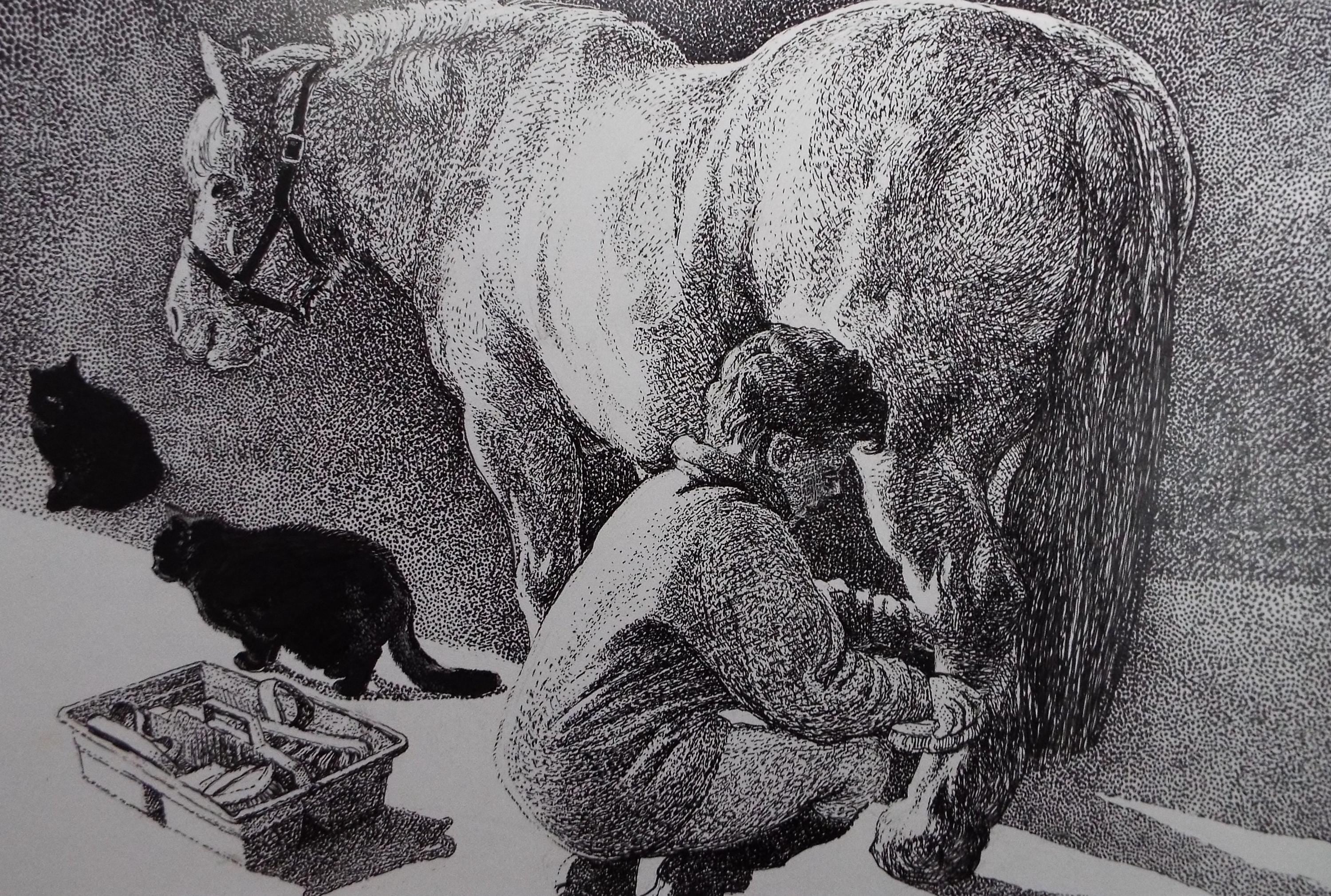 Original ink drawing, 'Grooming the Pony', Lorraine Abraham RSMA (1941-2023), Circa 1990's