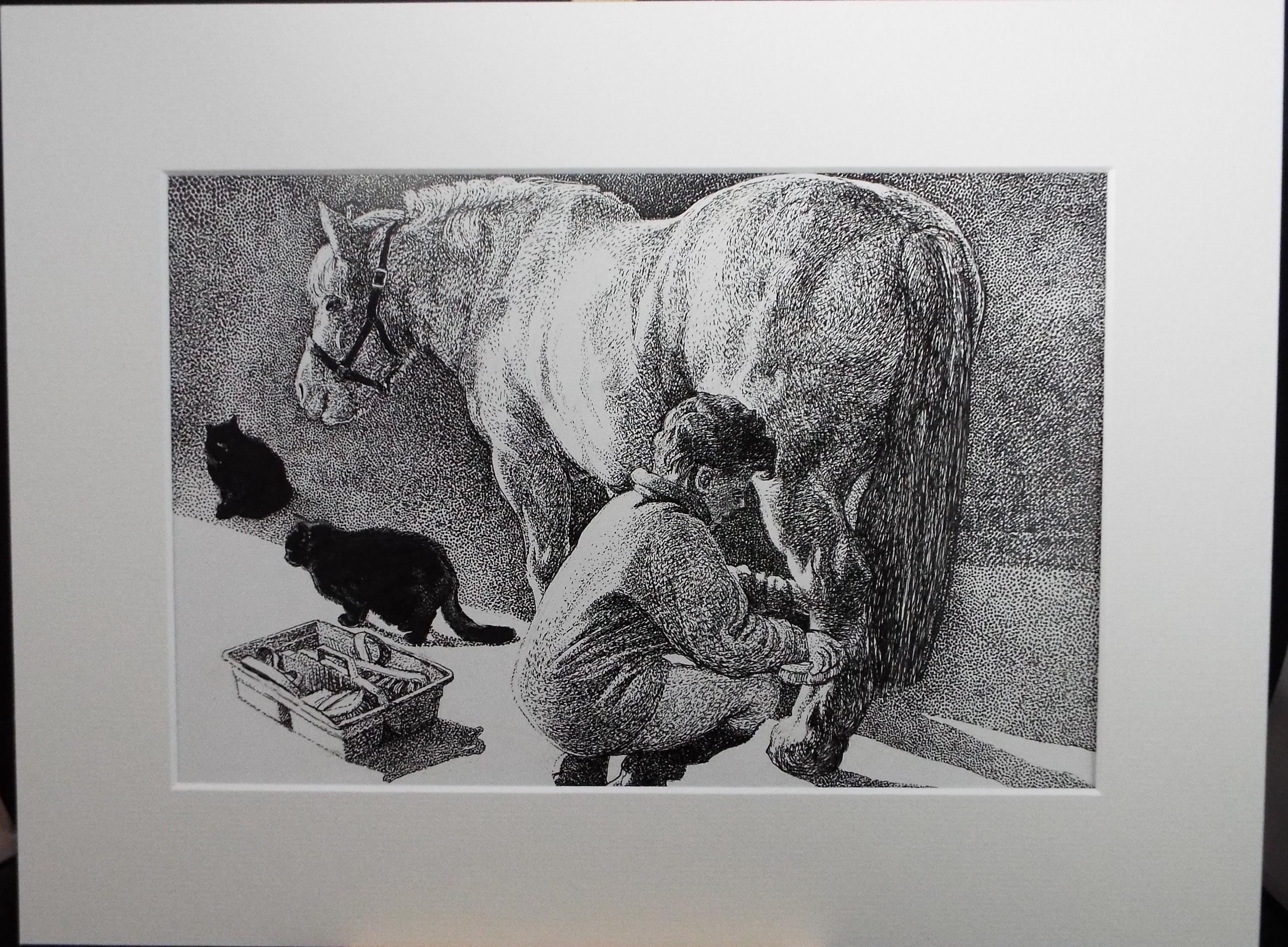 Original ink drawing, 'Grooming the Pony', Lorraine Abraham RSMA (1941-2023), Circa 1990's