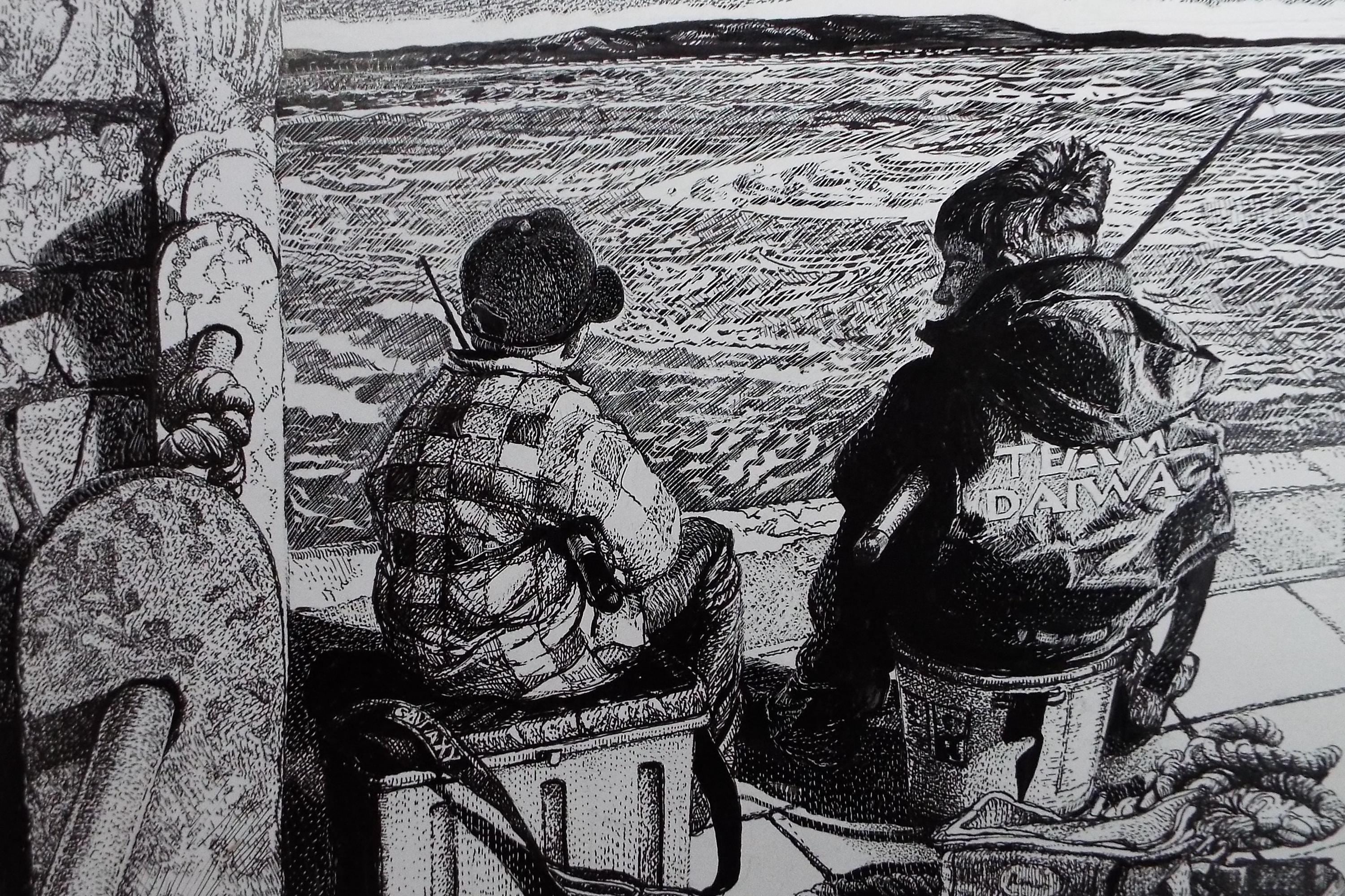 Original Scraperboard & ink drawing, 'Young Fishers', Lorraine Abraham RSMA (1941-2023), Circa 1990's