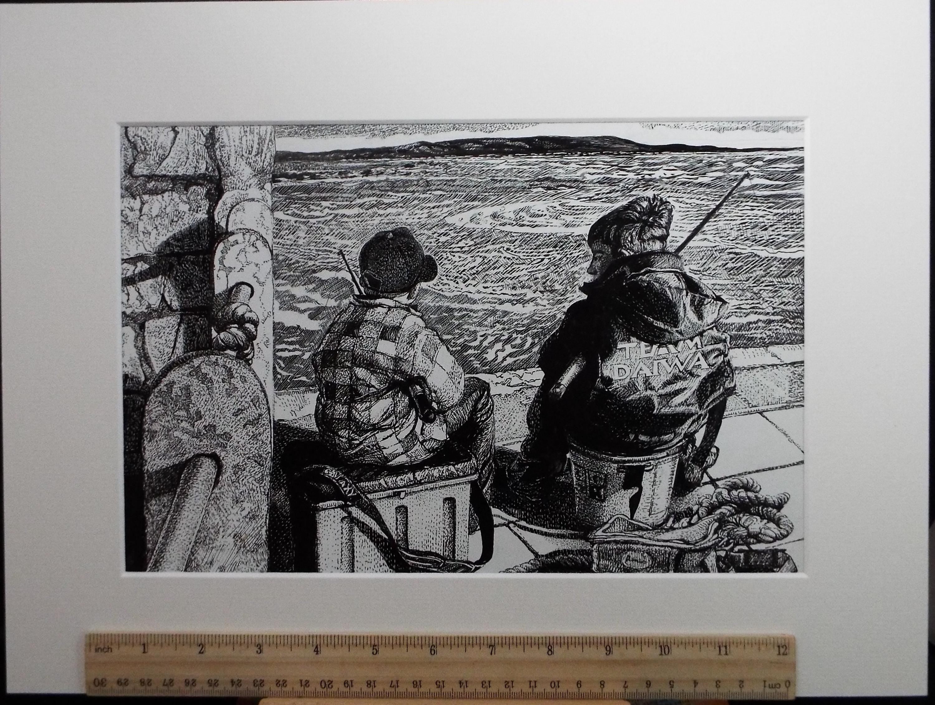 Original Scraperboard & ink drawing, 'Young Fishers', Lorraine Abraham RSMA (1941-2023), Circa 1990's