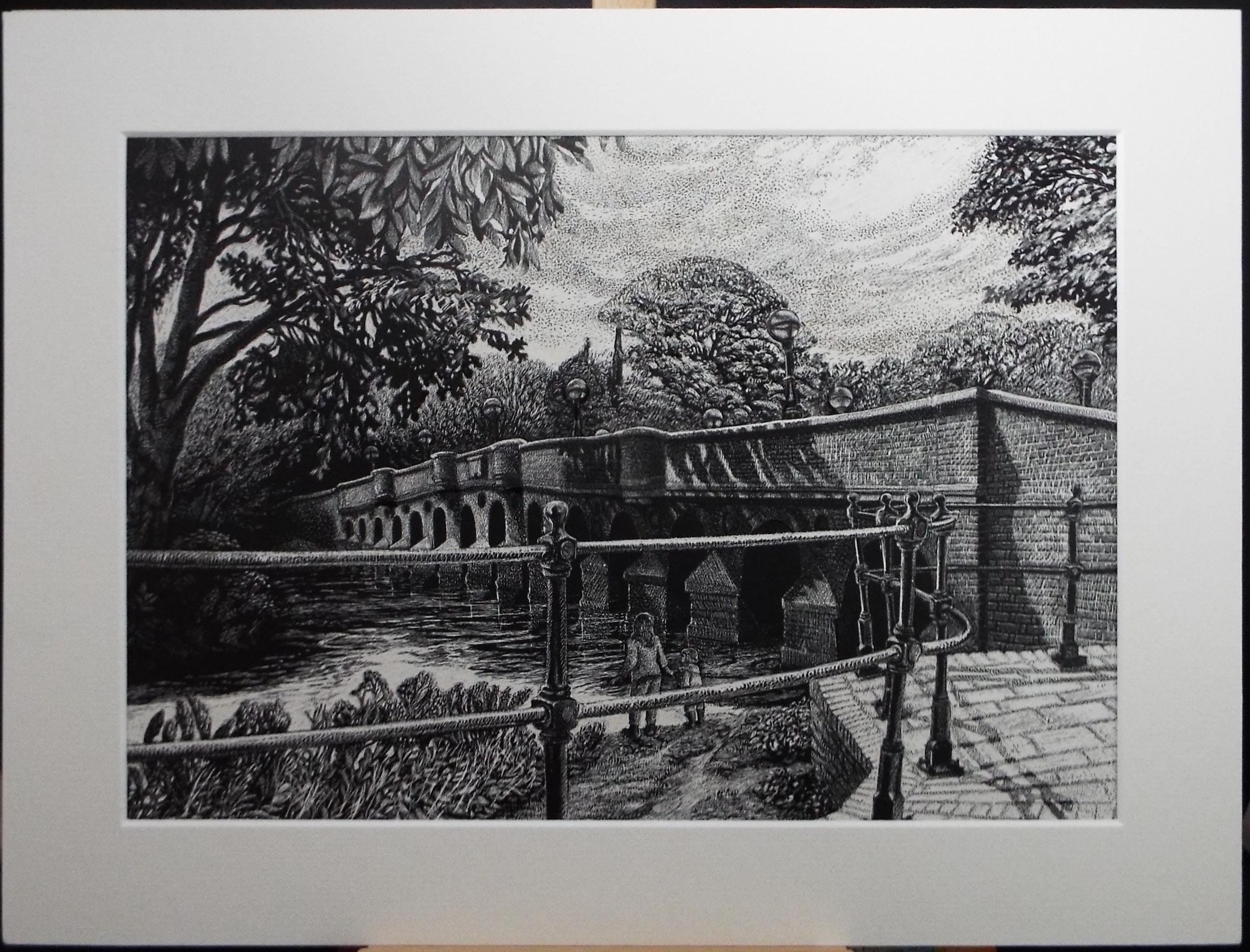 Original Scraperboard drawing, 'The River Mole at Leatherhead', Lorraine Abraham RSMA (1941-2023), Circa 1990's