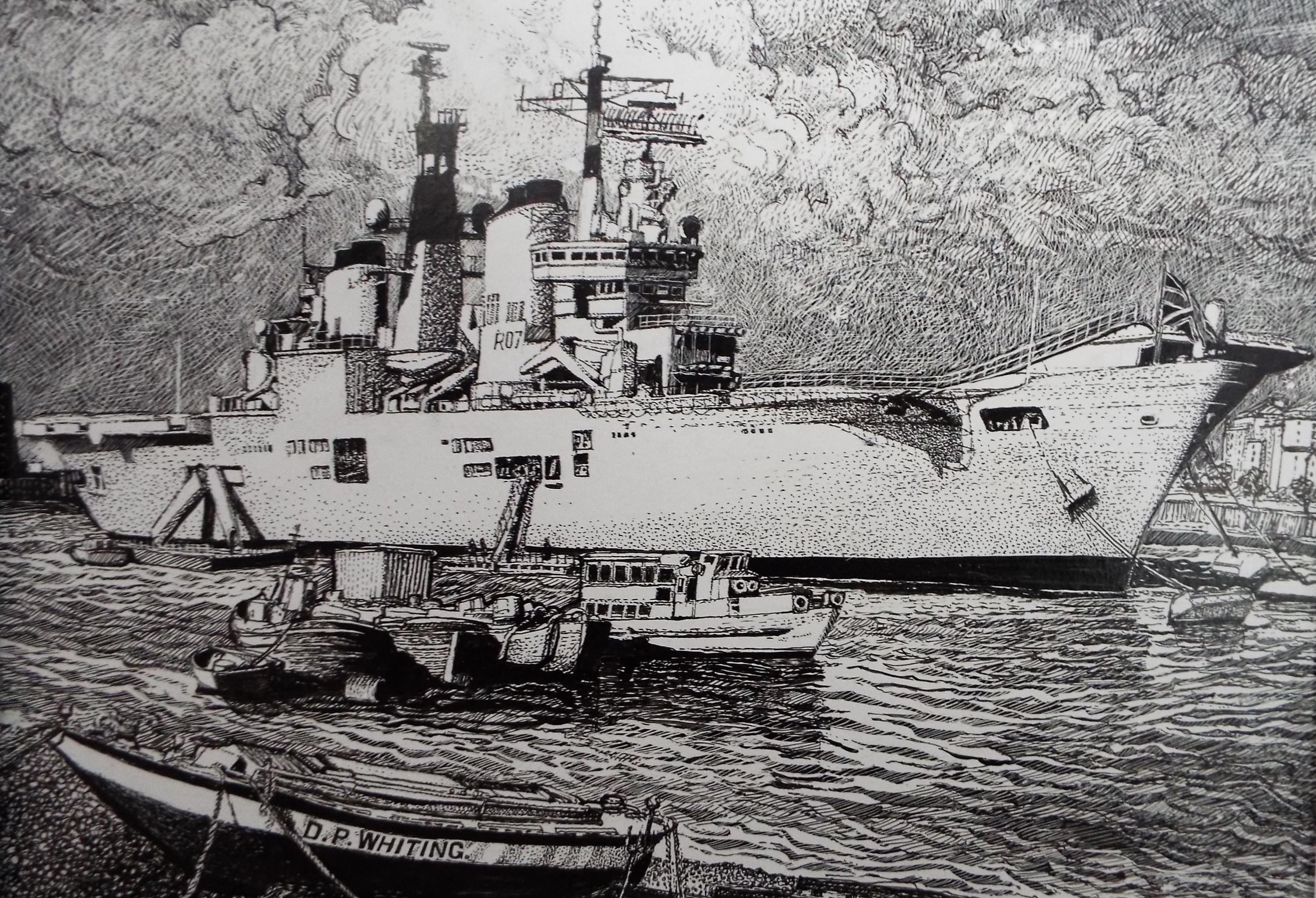 Original Scraperboard & ink drawing, 'HMS Ark Royal', Lorraine Abraham RSMA (1941-2023), Circa 1990's