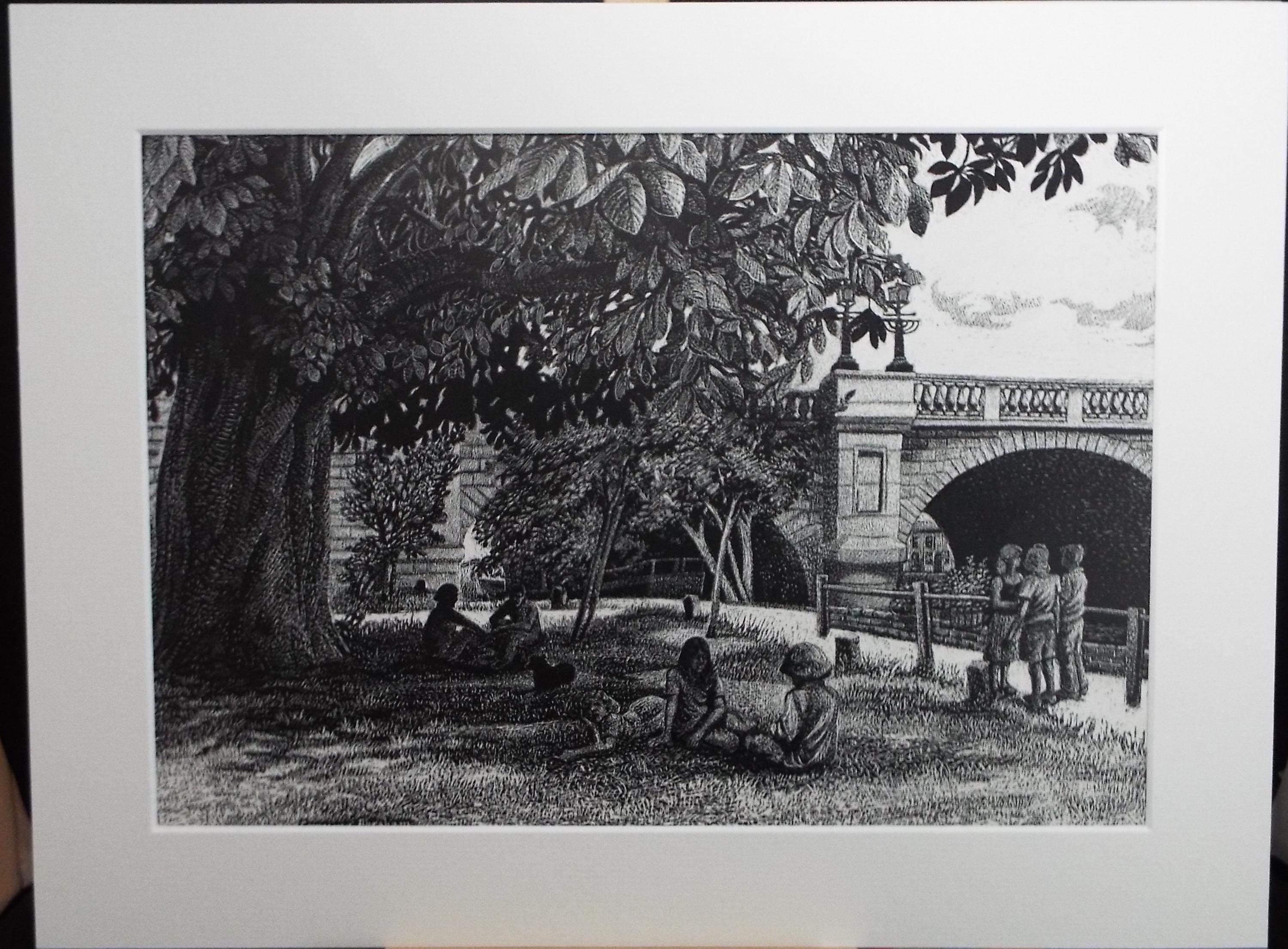 Original Scraperboard drawing, 'Beside the River', Lorraine Abraham RSMA (1941-2023), Circa 1990's