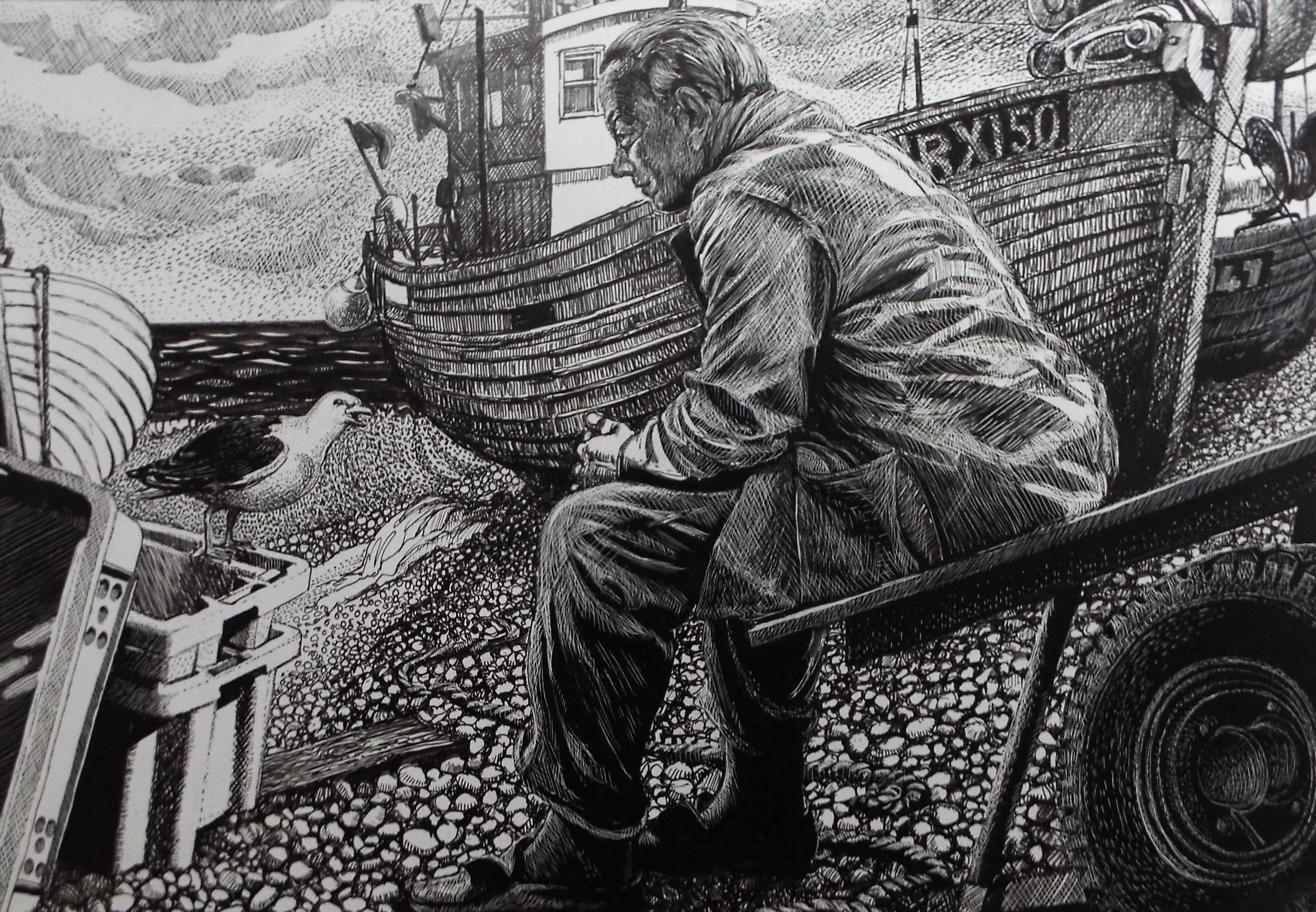 Original Scraperboard & ink drawing, 'Fisherman's Friend', Lorraine Abraham RSMA (1941-2023), Circa 1990's