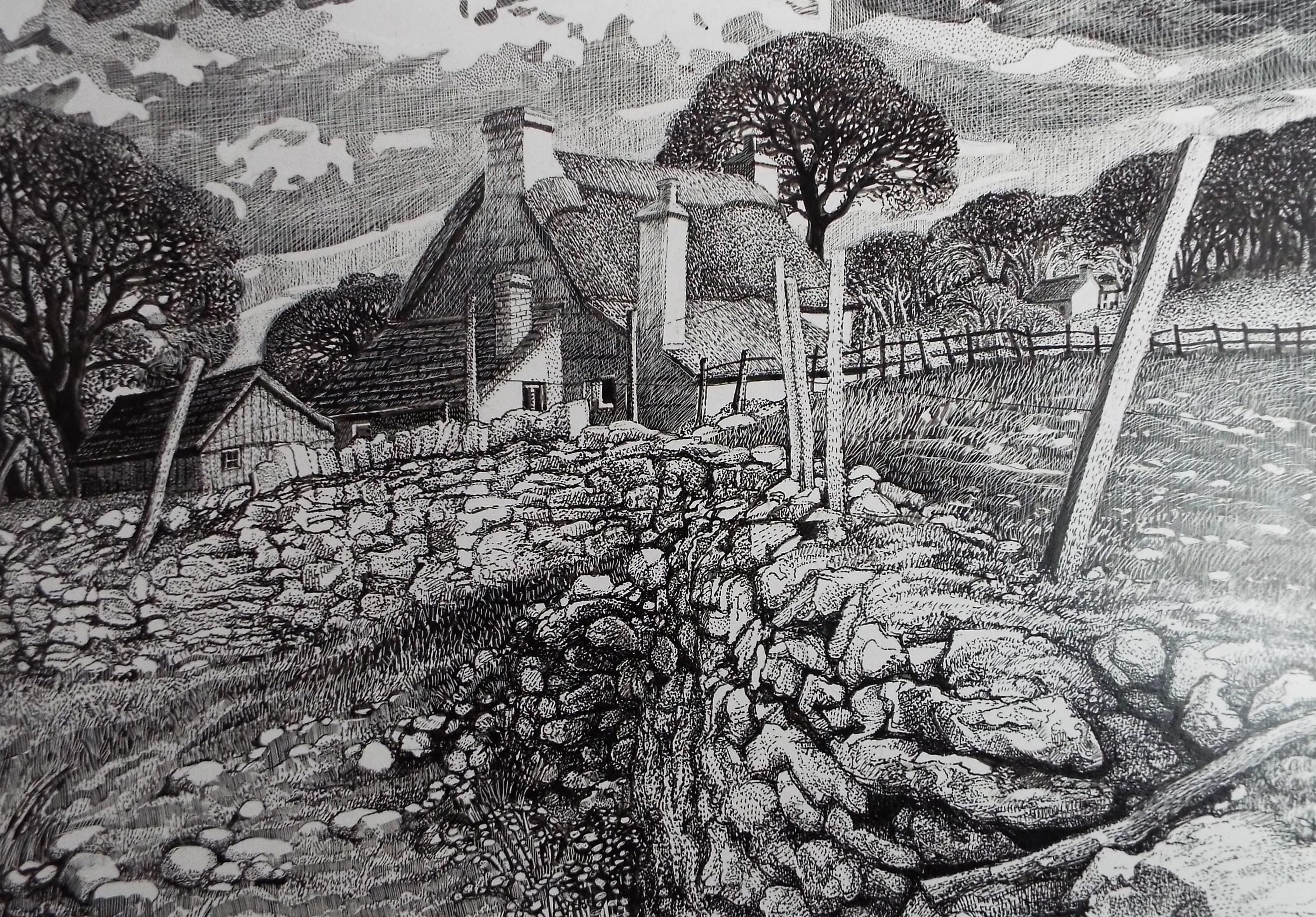 Original Scraperboard & ink drawing, 'The Farmstead', Lorraine Abraham RSMA (1941-2023), Circa 1990's