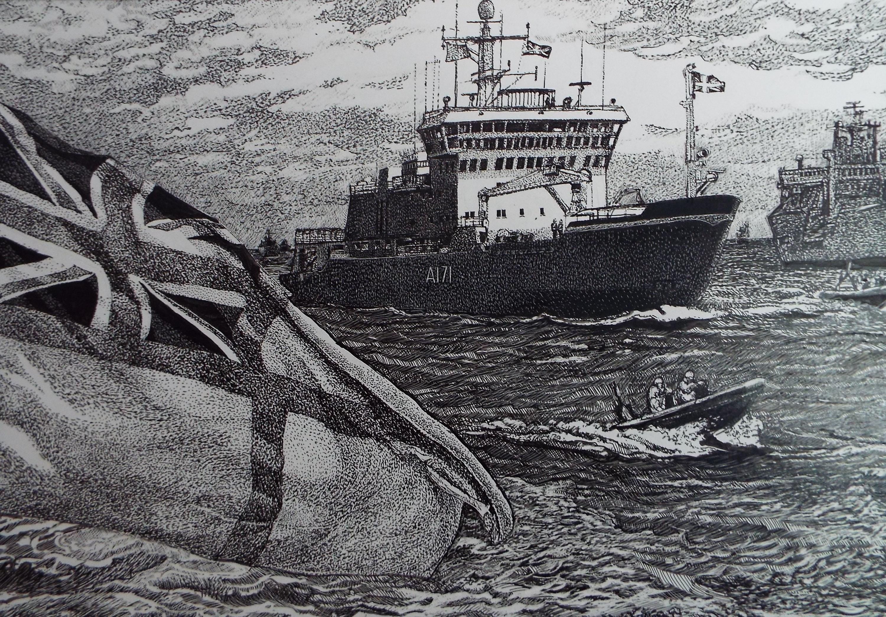 Original Scraperboard & ink drawing, 'HMS Endurance', Lorraine Abraham RSMA (1941-2023), Circa 2000