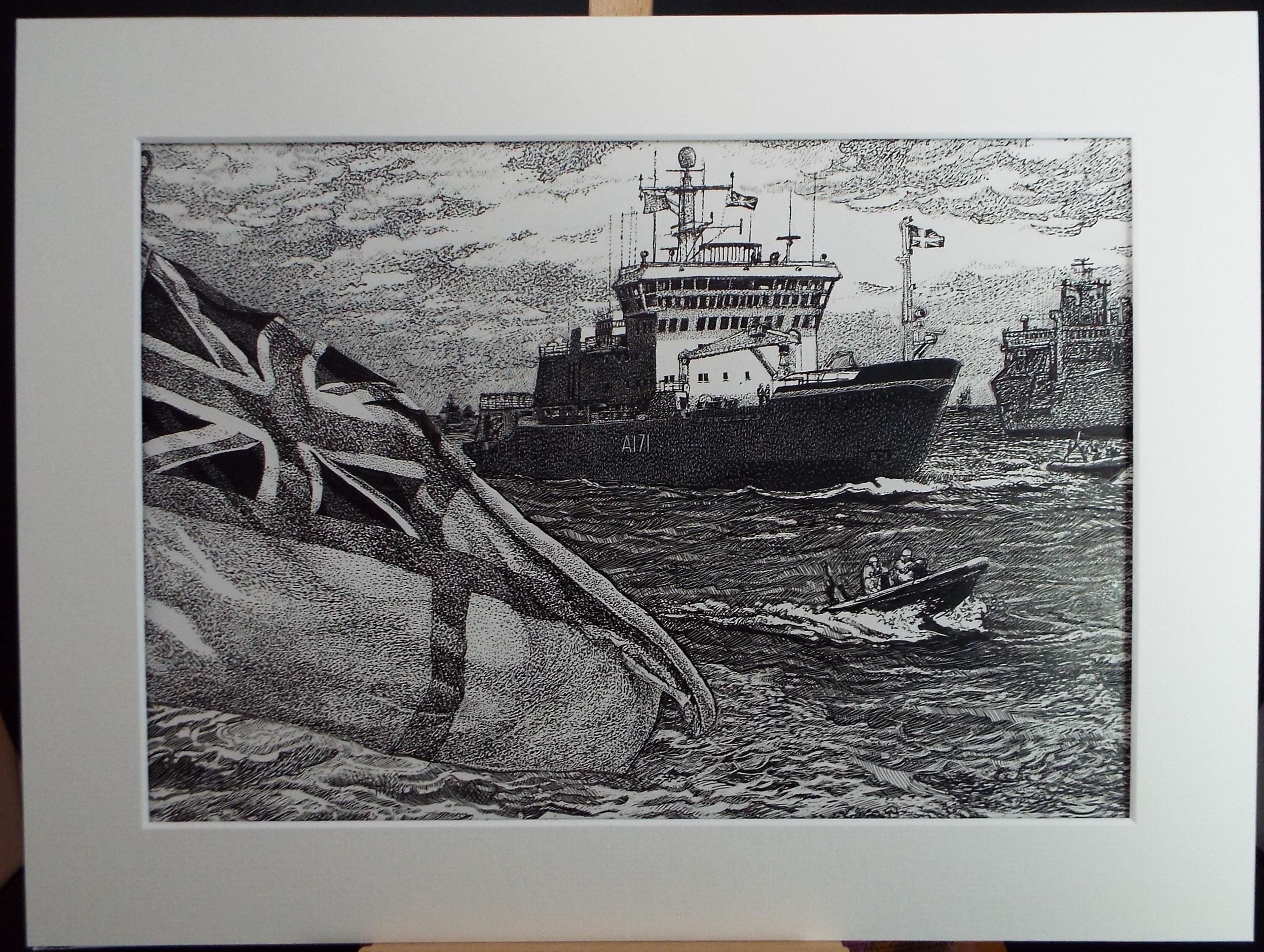 Original Scraperboard & ink drawing, 'HMS Endurance', Lorraine Abraham RSMA (1941-2023), Circa 2000