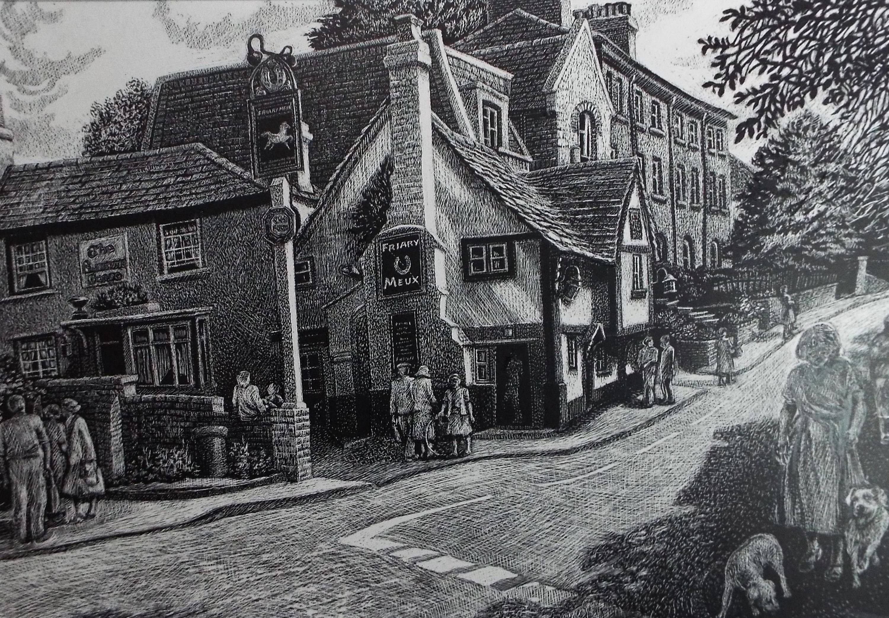 Original Scraperboard & ink drawing, 'The Running Horse, Leatherhead', Lorraine Abraham RSMA (1941-2023), Circa 1990's