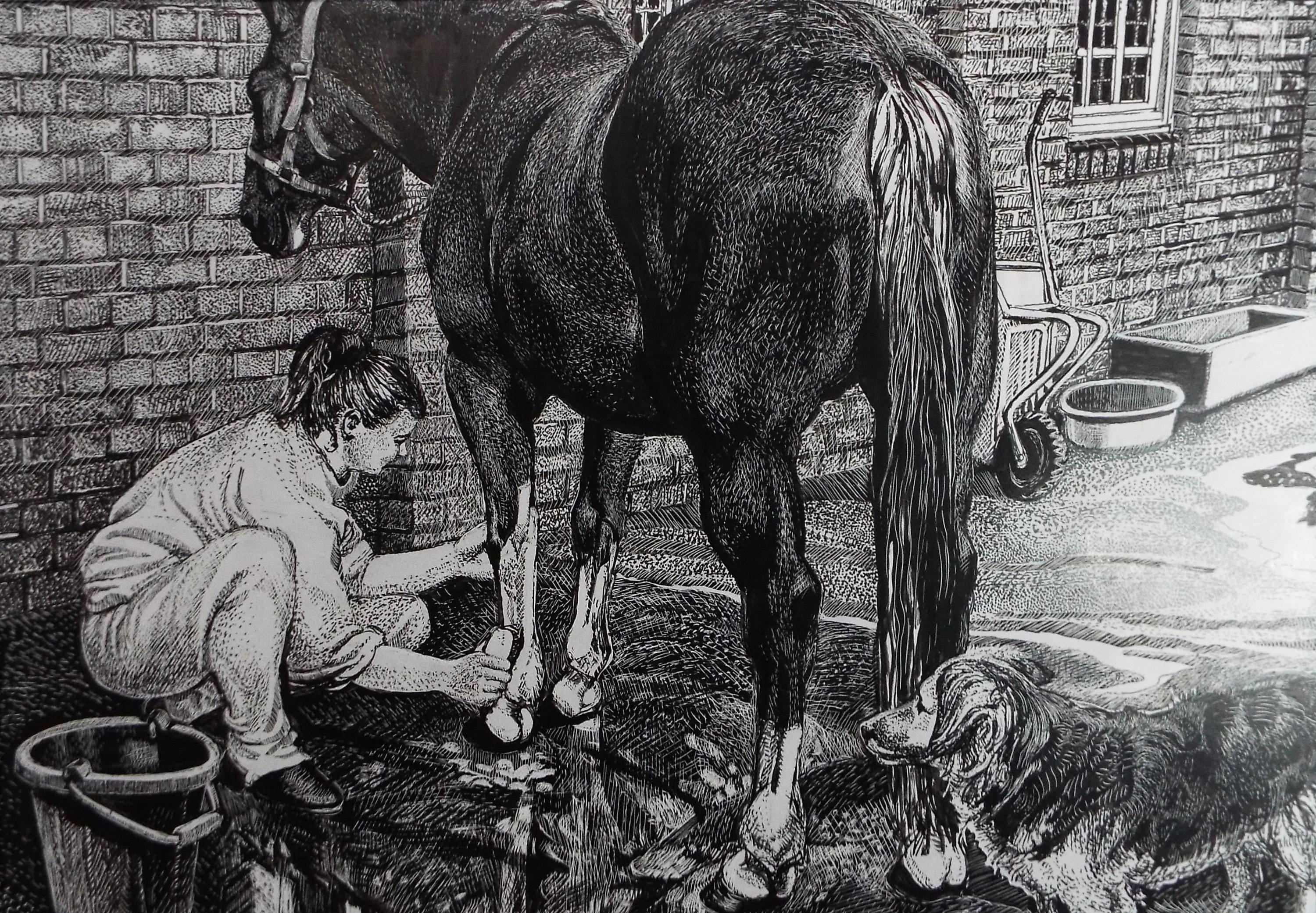 Original Scraperboard & ink drawing, 'Grooming the Horse', Lorraine Abraham RSMA (1941-2023), Circa 1990's