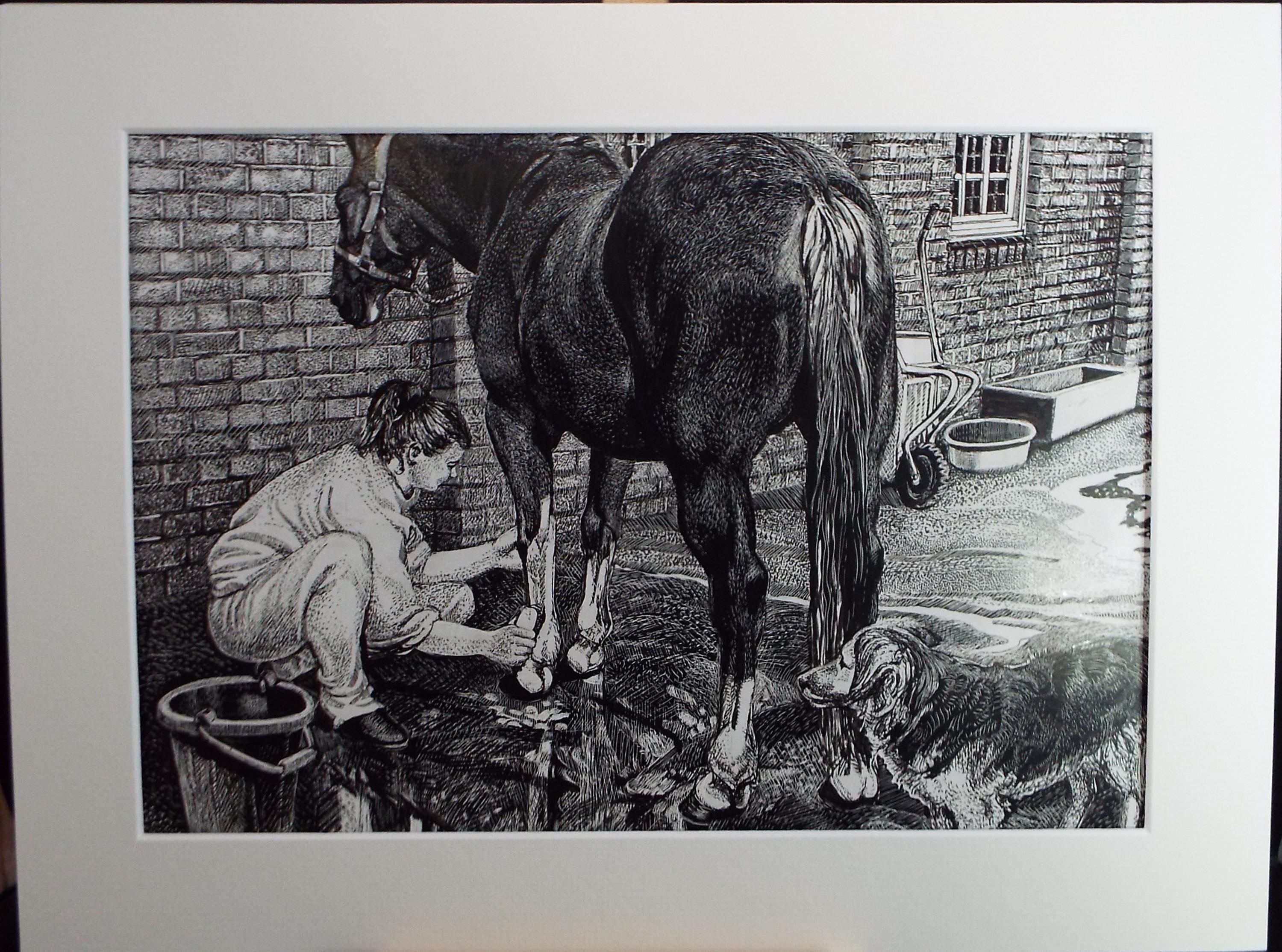 Original Scraperboard & ink drawing, 'Grooming the Horse', Lorraine Abraham RSMA (1941-2023), Circa 1990's