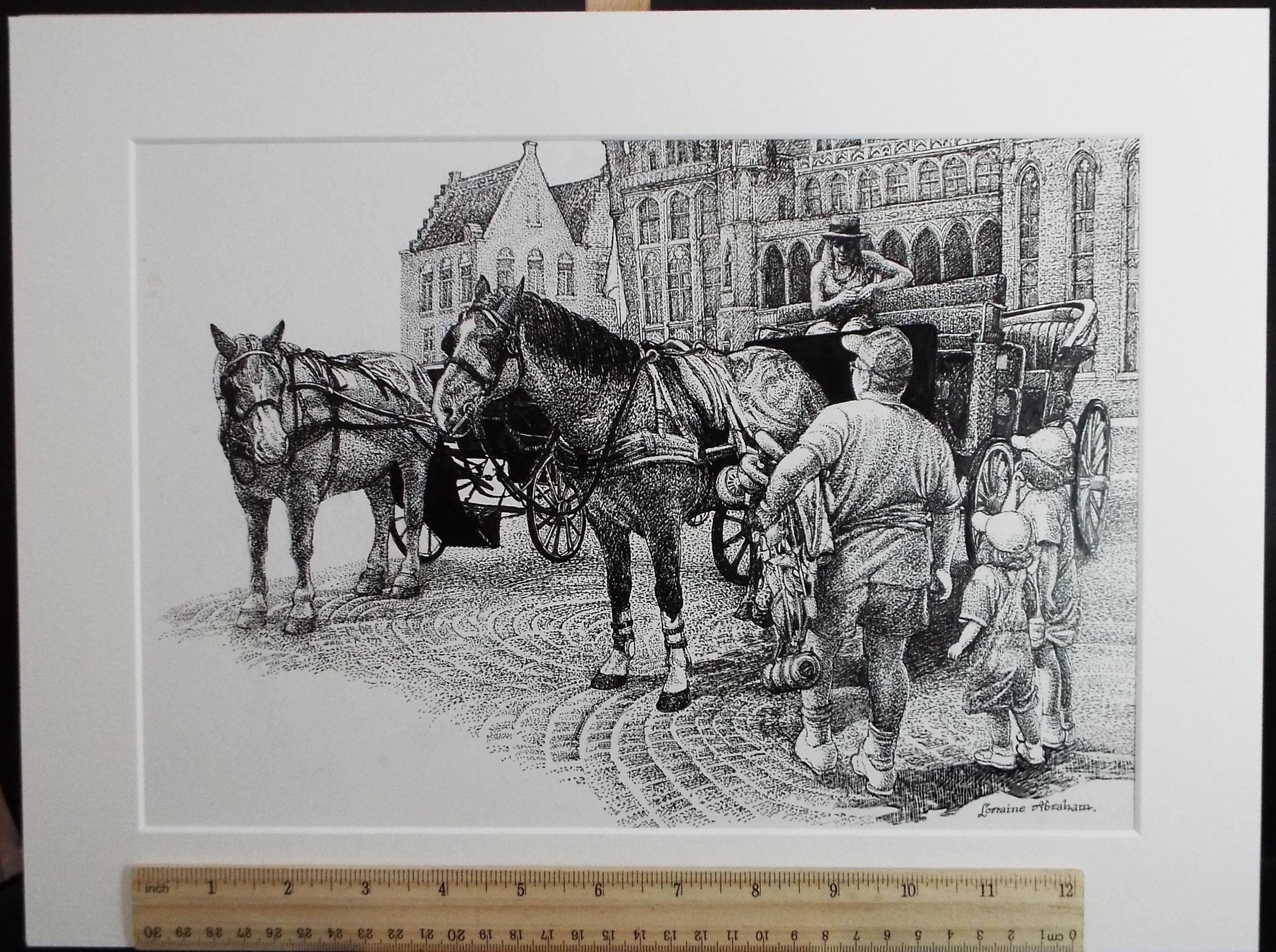 Original Scraperboard & ink drawing, 'The Carriage Ride', Lorraine Abraham RSMA (1941-2023), Circa 1990's