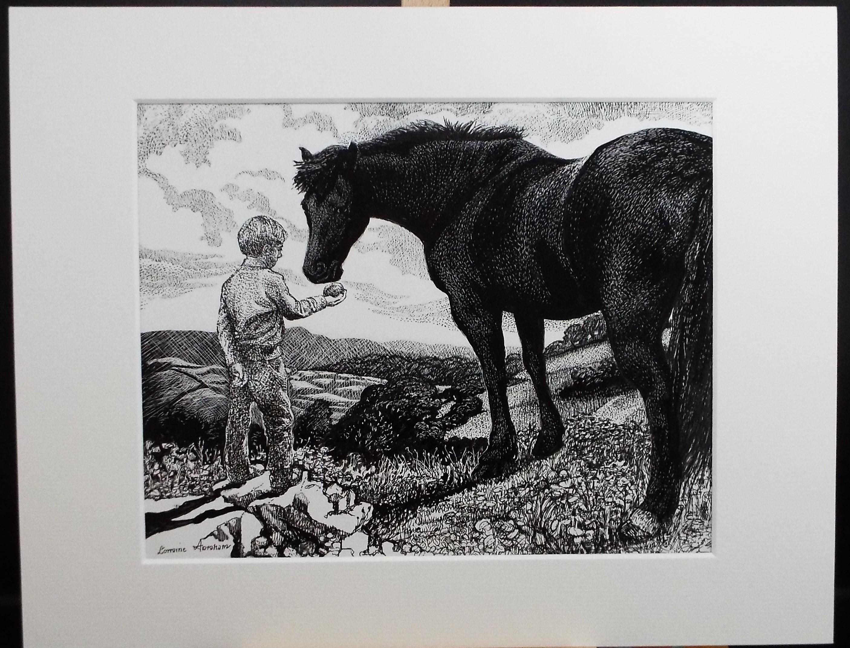 Original Scraperboard & ink drawing, 'Making friends', Lorraine Abraham RSMA (1941-2023), Circa 1990's