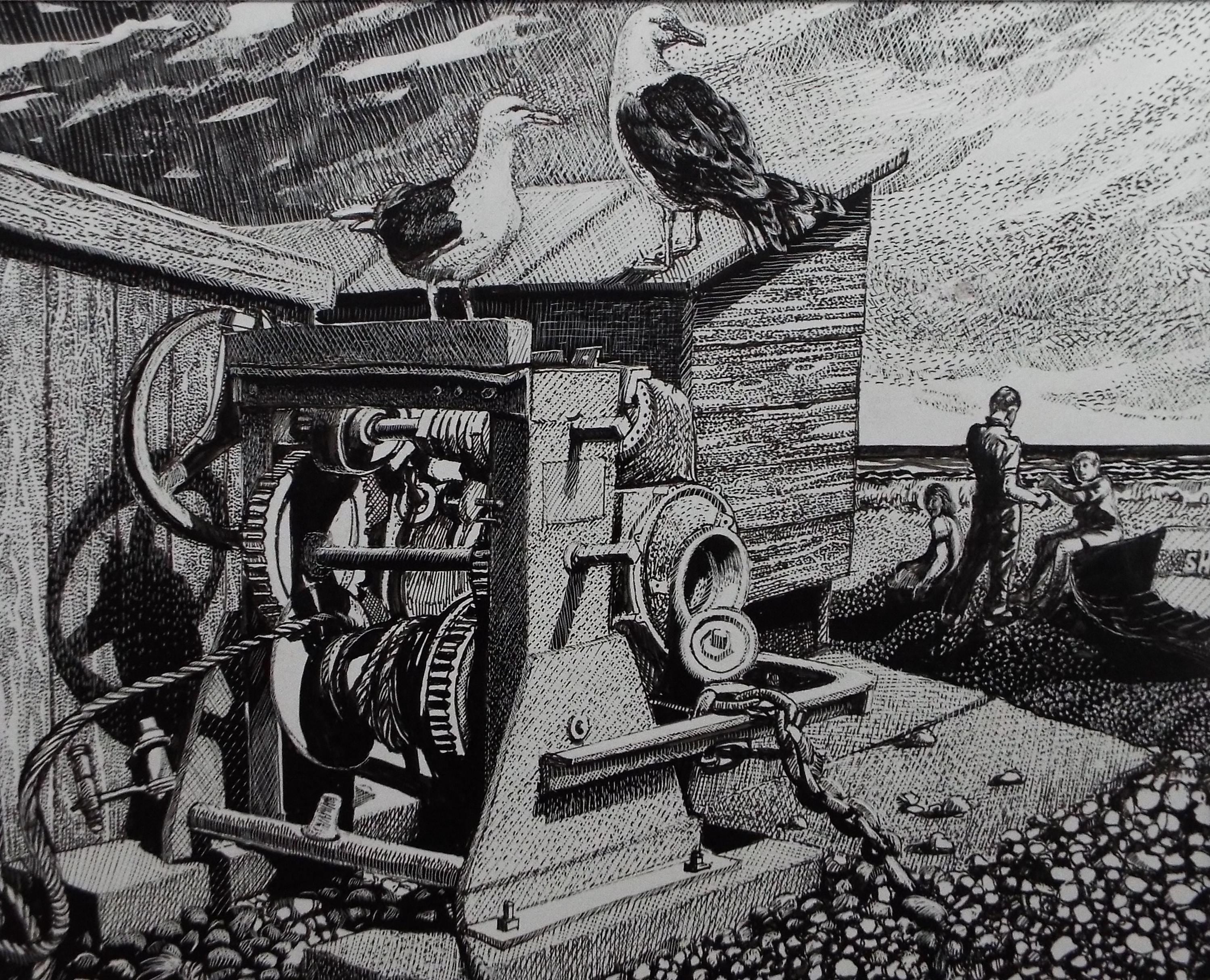 Original Scraperboard & ink drawing, 'Winding Gear on the Shore', Lorraine Abraham RSMA (1941-2023), Circa 1990's