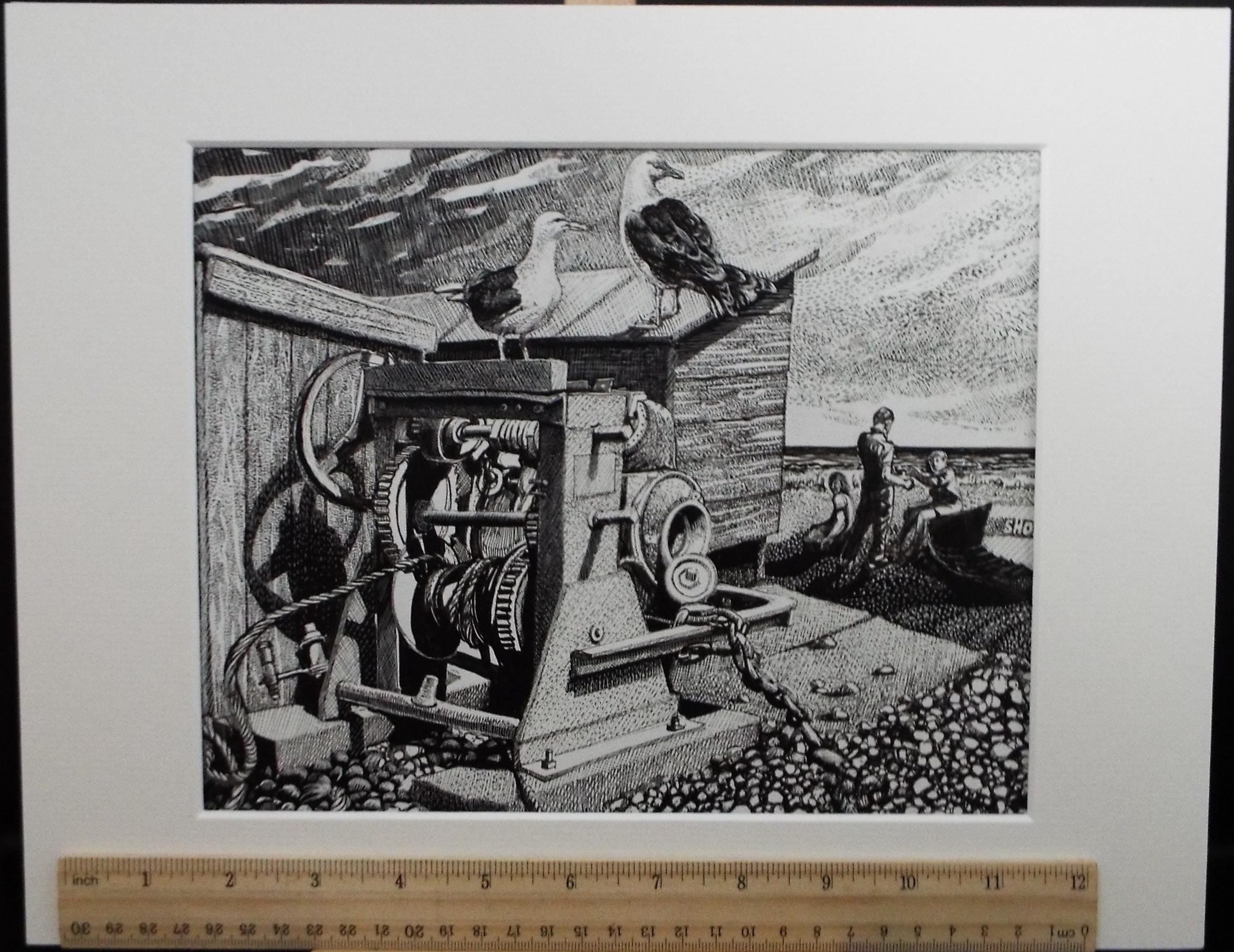 Original Scraperboard & ink drawing, 'Winding Gear on the Shore', Lorraine Abraham RSMA (1941-2023), Circa 1990's