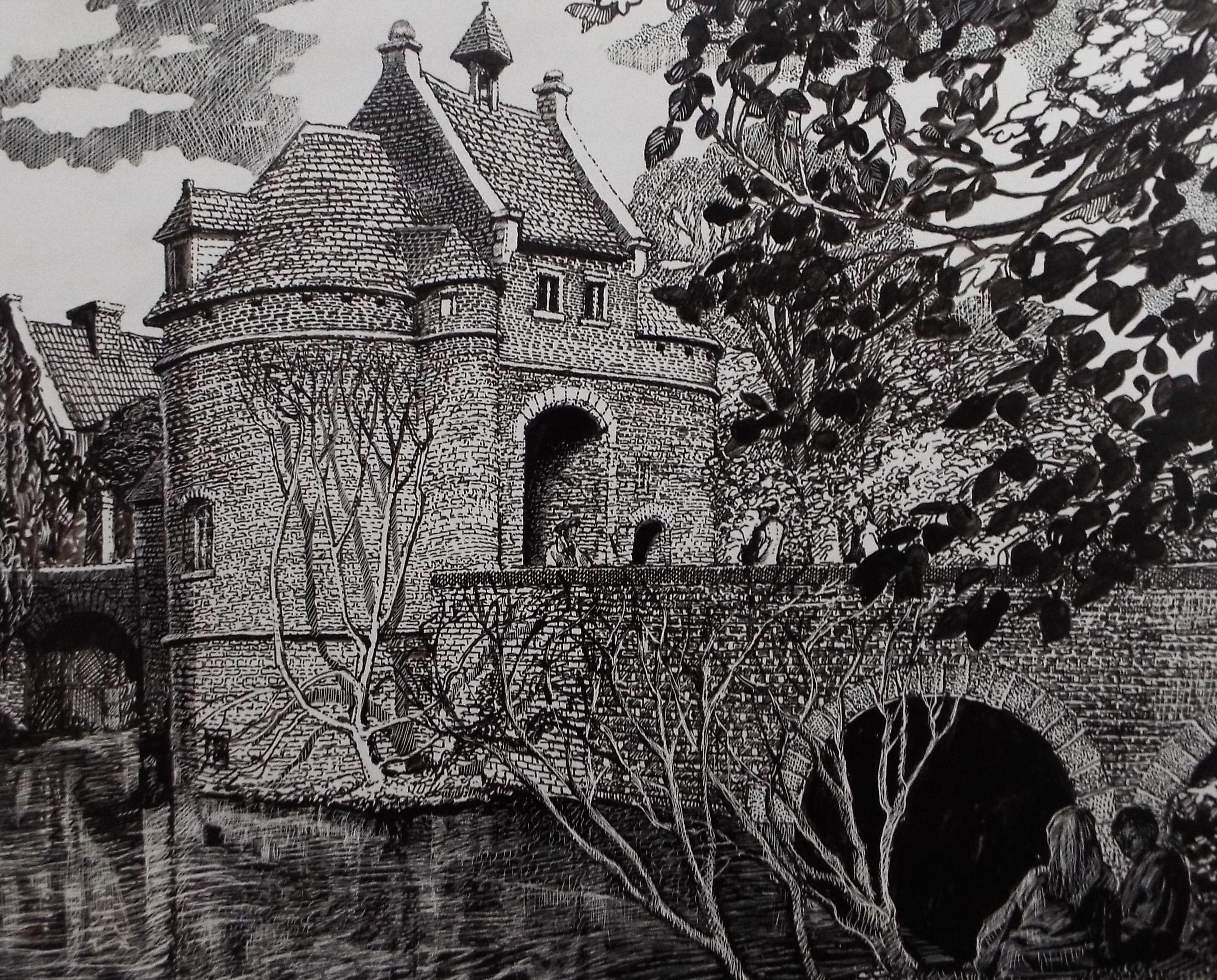 Original Scraperboard & ink drawing, 'Fortified Manor House', Lorraine Abraham RSMA (1941-2023), Circa 1990's