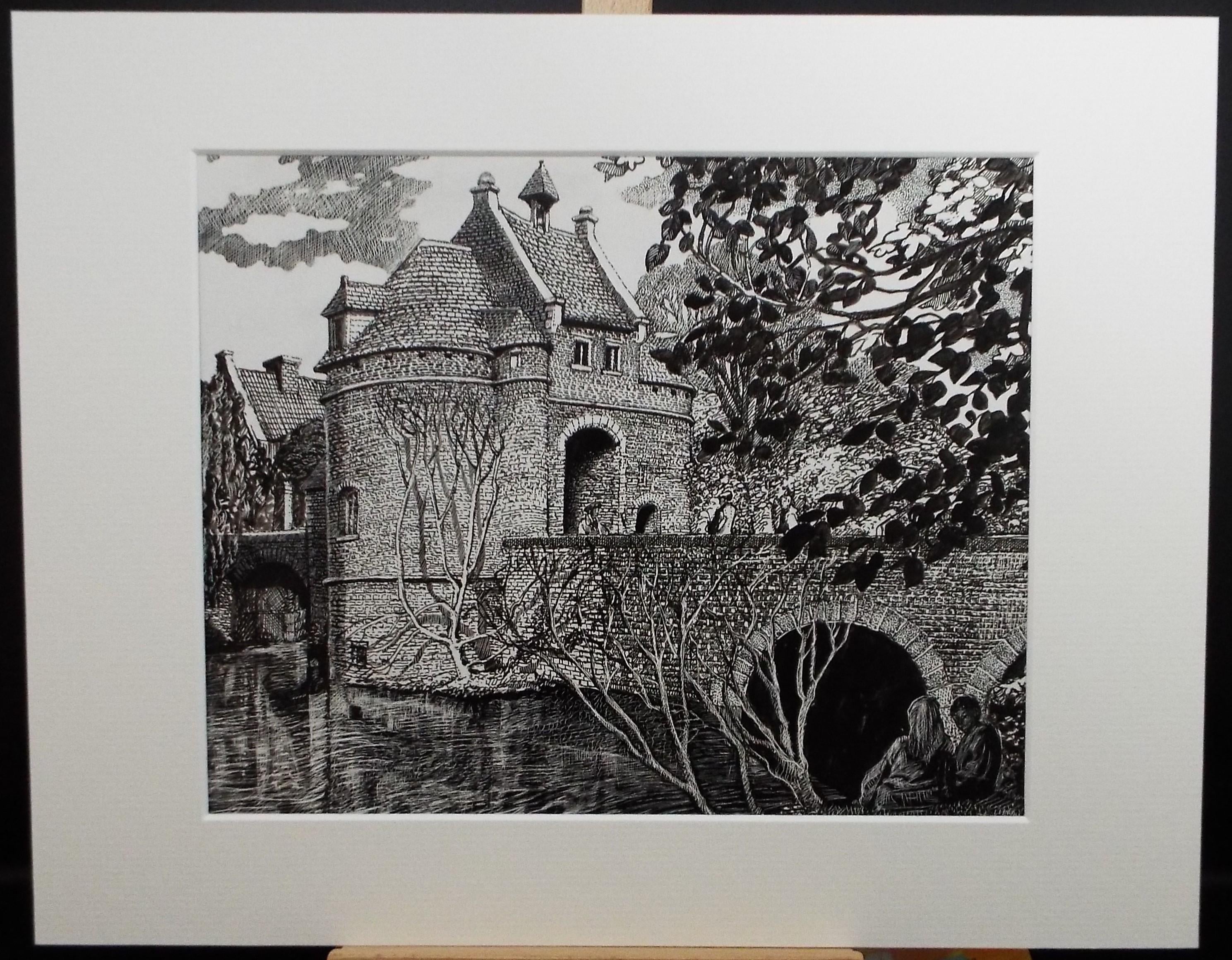 Original Scraperboard & ink drawing, 'Fortified Manor House', Lorraine Abraham RSMA (1941-2023), Circa 1990's