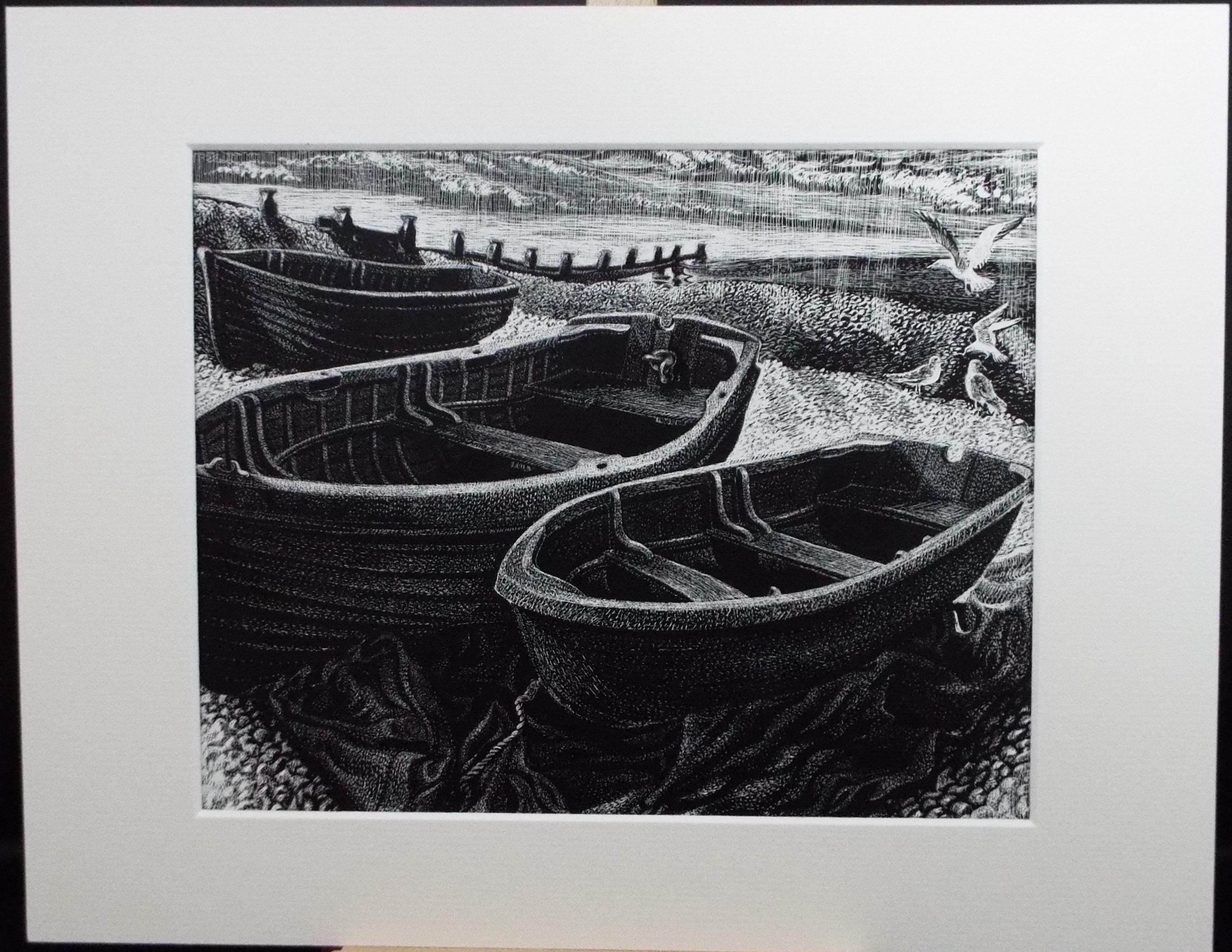 Original Scraperboard drawing, 'Boats on the Shore', Lorraine Abraham RSMA (1941-2023), Circa 1990's