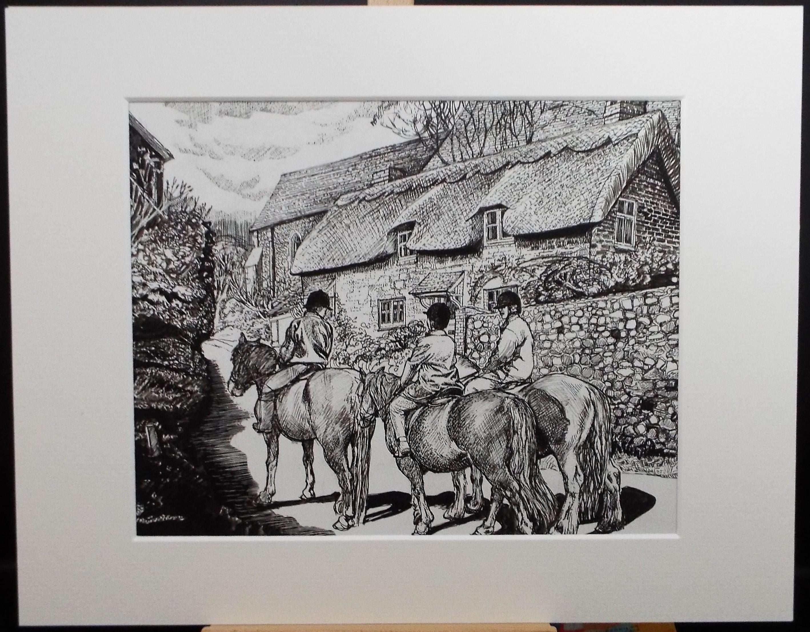 Original Scraperboard & ink drawing, 'Riding Out', Lorraine Abraham RSMA (1941-2023), Circa 1990's