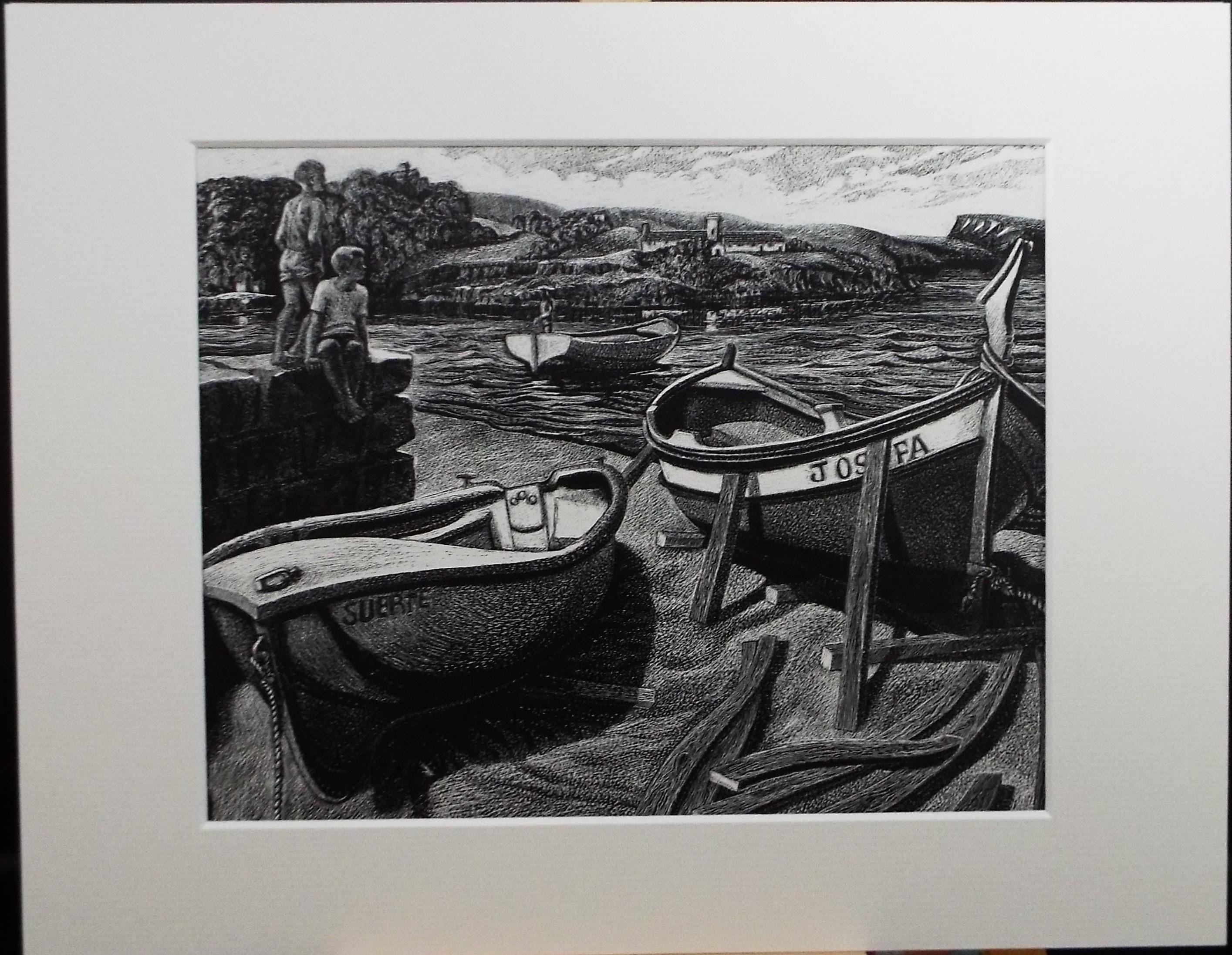 Original Scraperboard drawing, 'Boys on the Breakwater', Lorraine Abraham RSMA (1941-2023), Circa 1990's