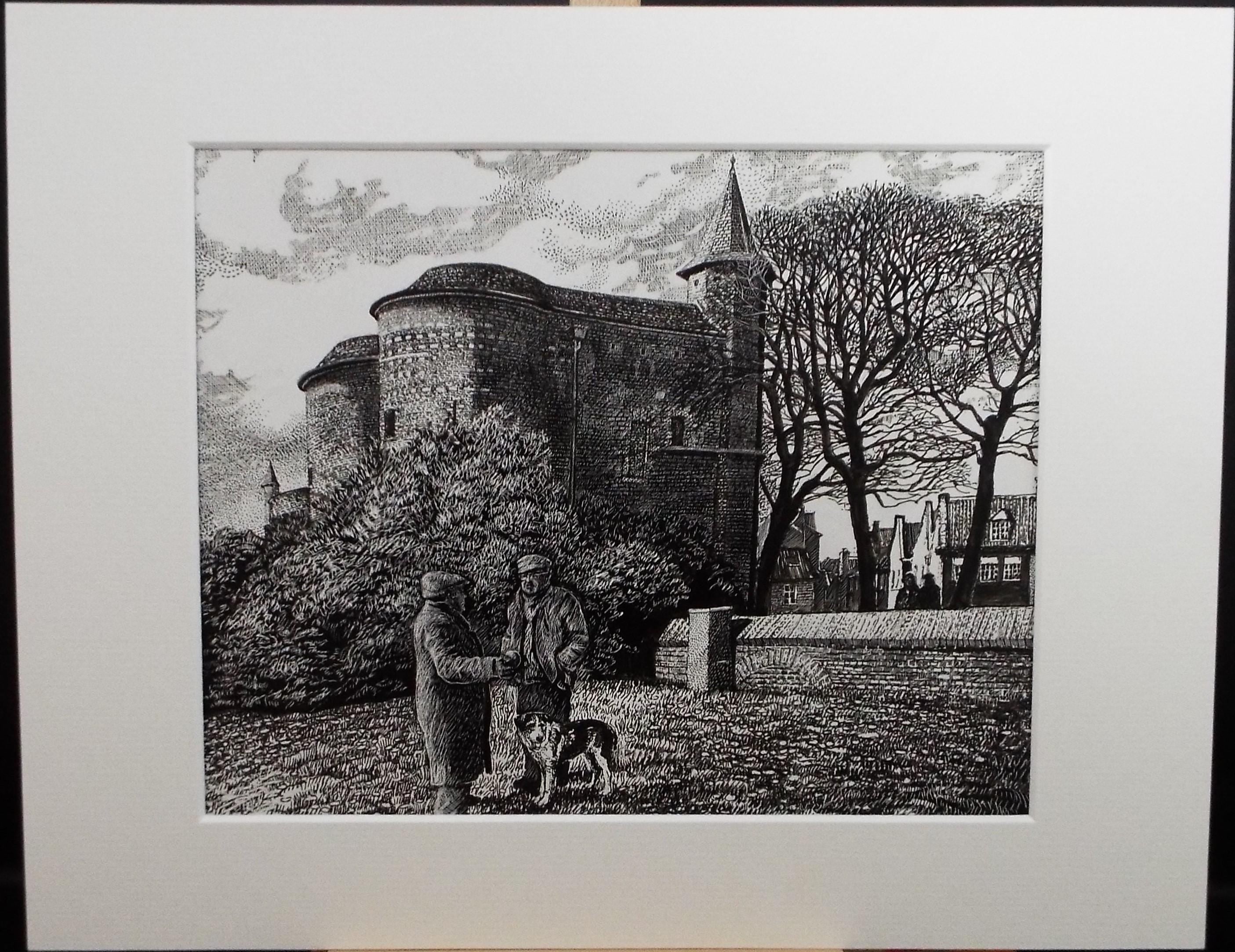 Original Scraperboard & Ink drawing, 'Figures with Dog, Lorraine Abraham RSMA (1941-2023), Circa 1990's