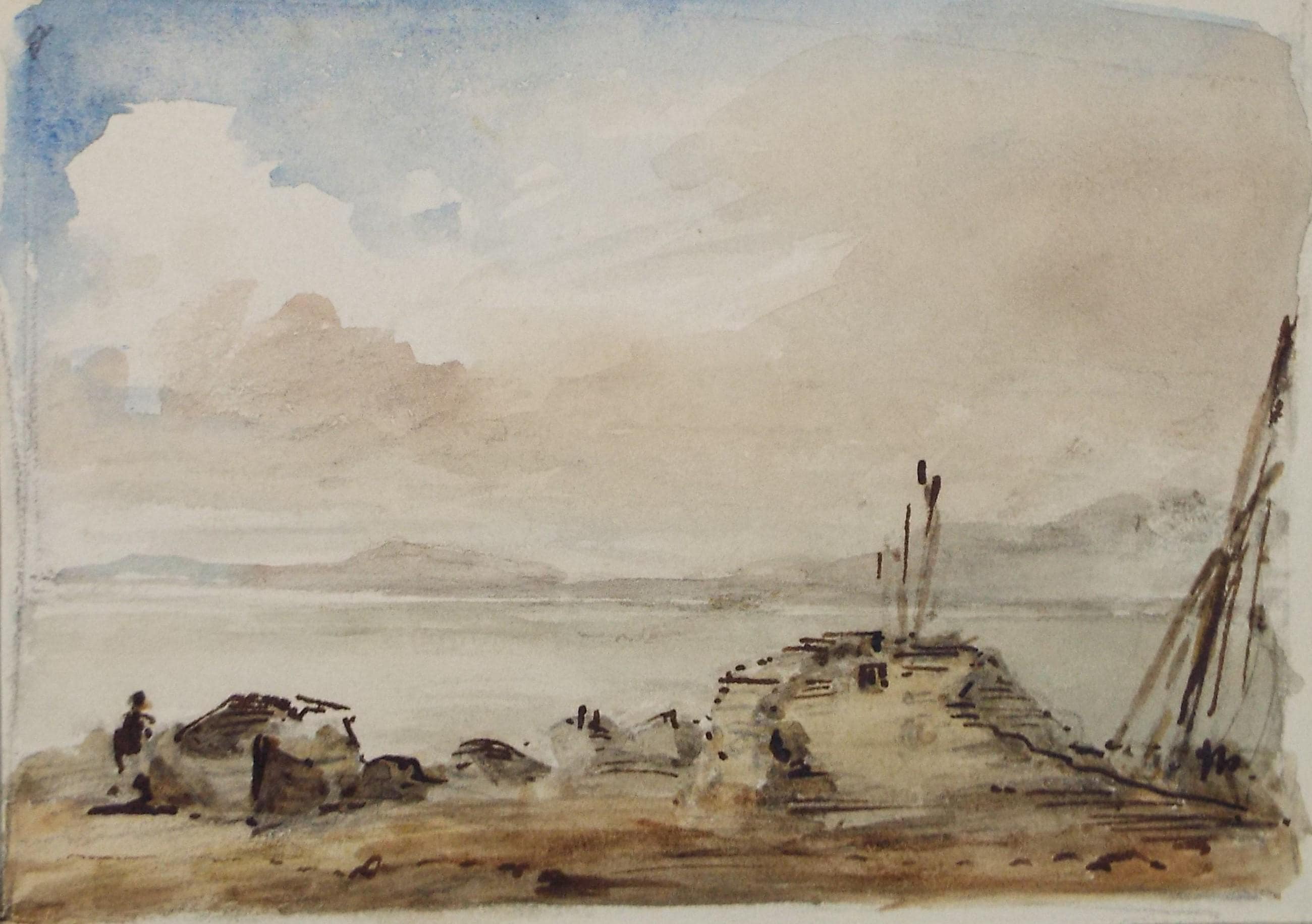 Original Watercolour on paper, 'Figures on a Rocky Shore', Unknown Artist, circa 1890's - Marine Landscape