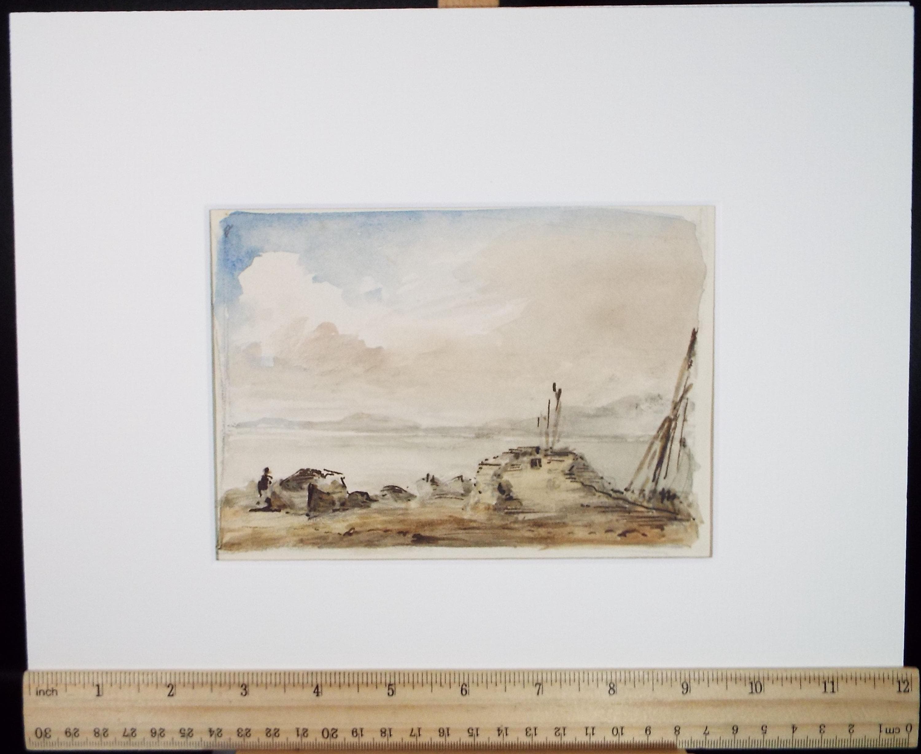 Original Watercolour on paper, 'Figures on a Rocky Shore', Unknown Artist, circa 1890's - Marine Landscape