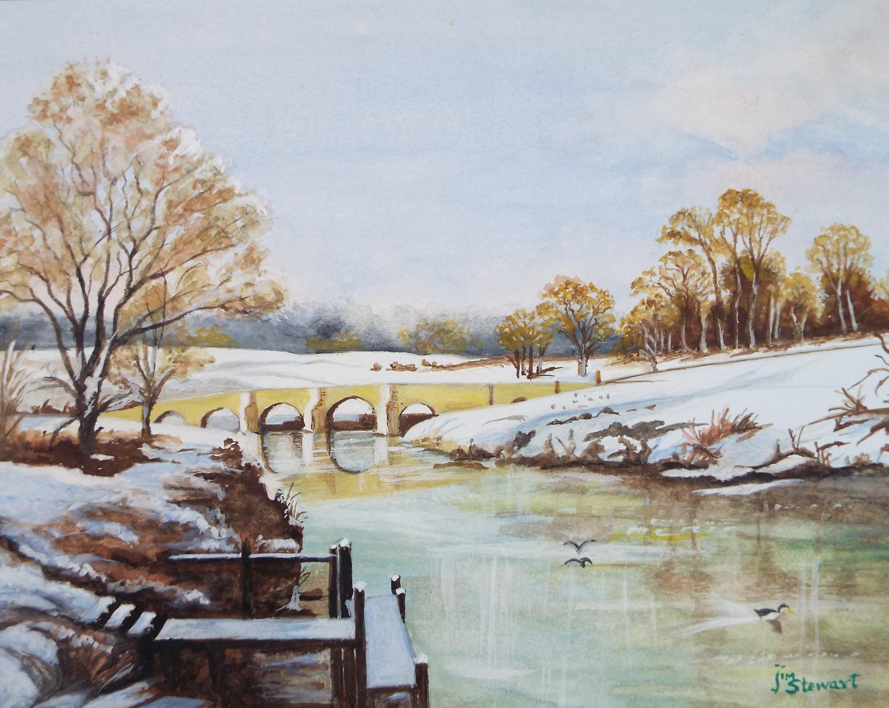 Original Watercolour, 'Lake in Winter', c1980, Jim Stewart