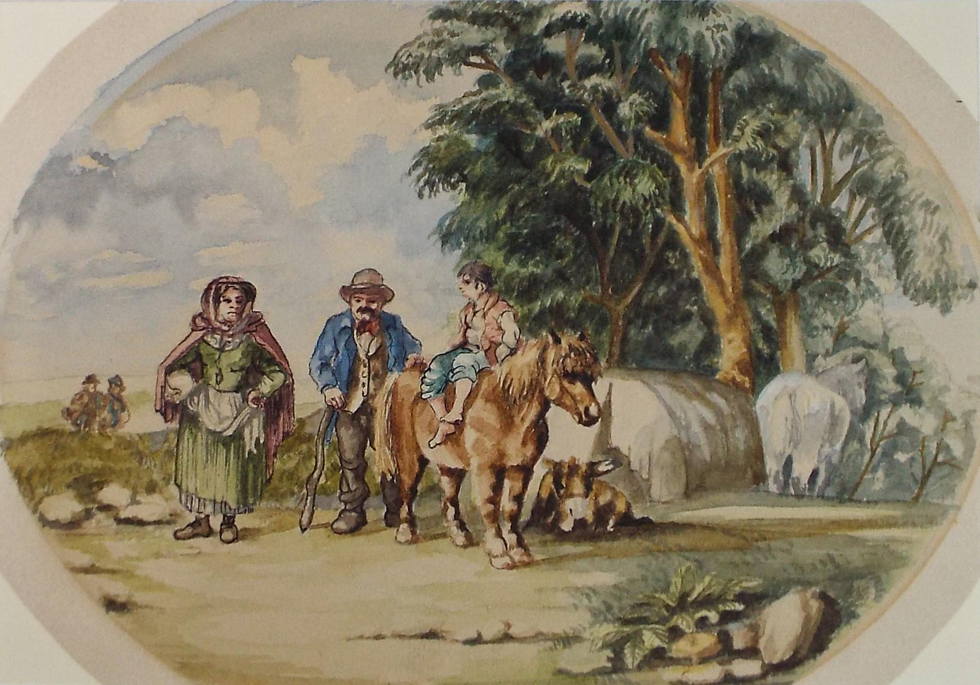 Original Watercolour,' Travellers with Ponies', Late 19th Century, Unknown artist