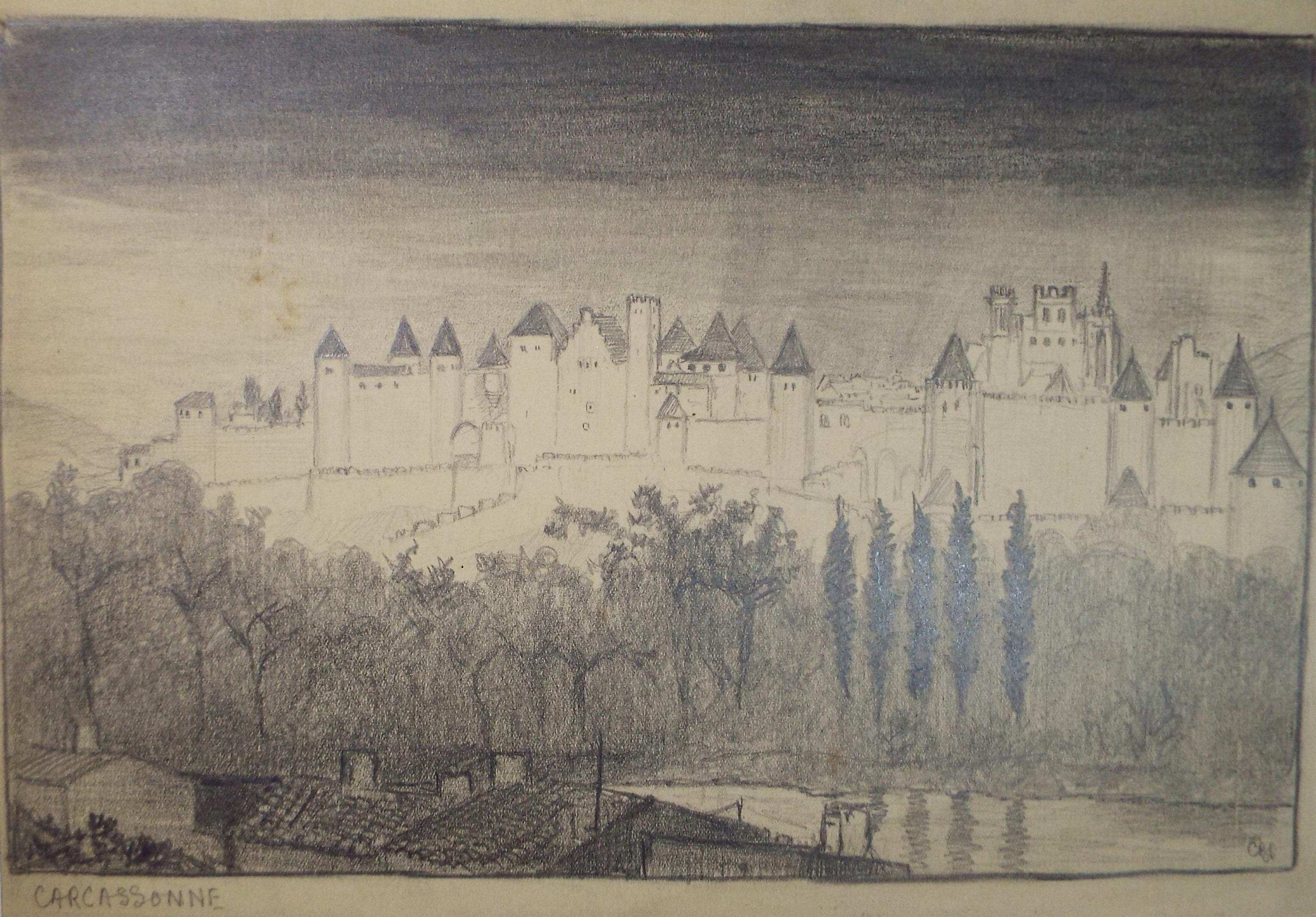 Original Pencil drawing, 'Carcassonne', C B Farrar, Late 19th Century