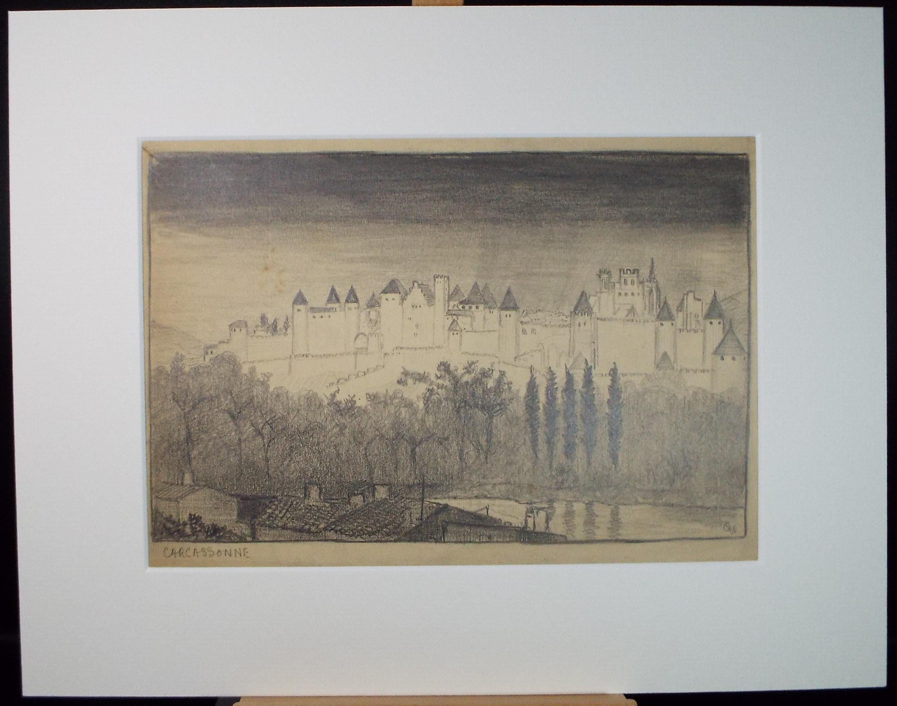 Original Pencil drawing, 'Carcassonne', C B Farrar, Late 19th Century