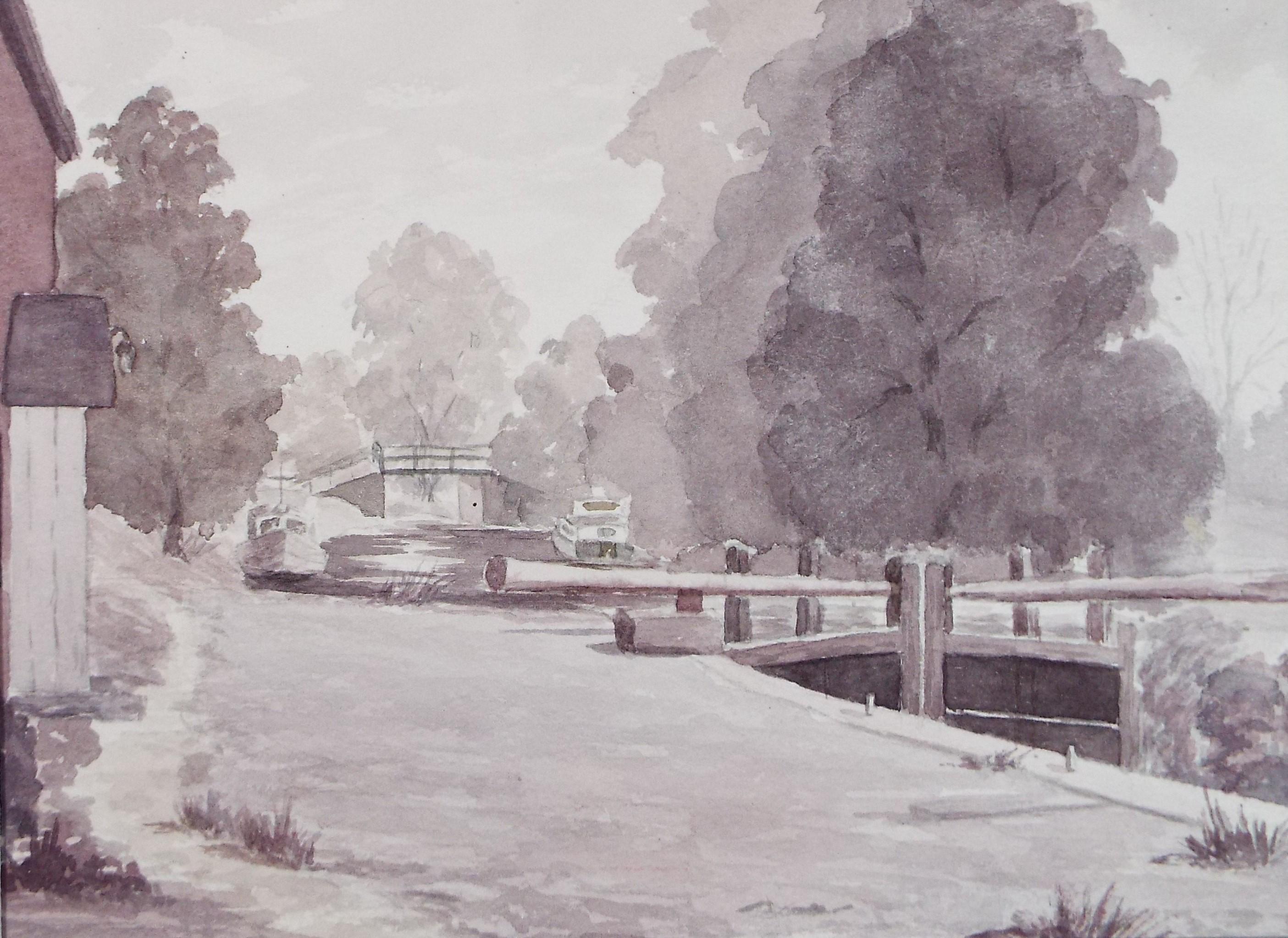 Original Watercolour, 'Canal Lock', 1975, M Saliba