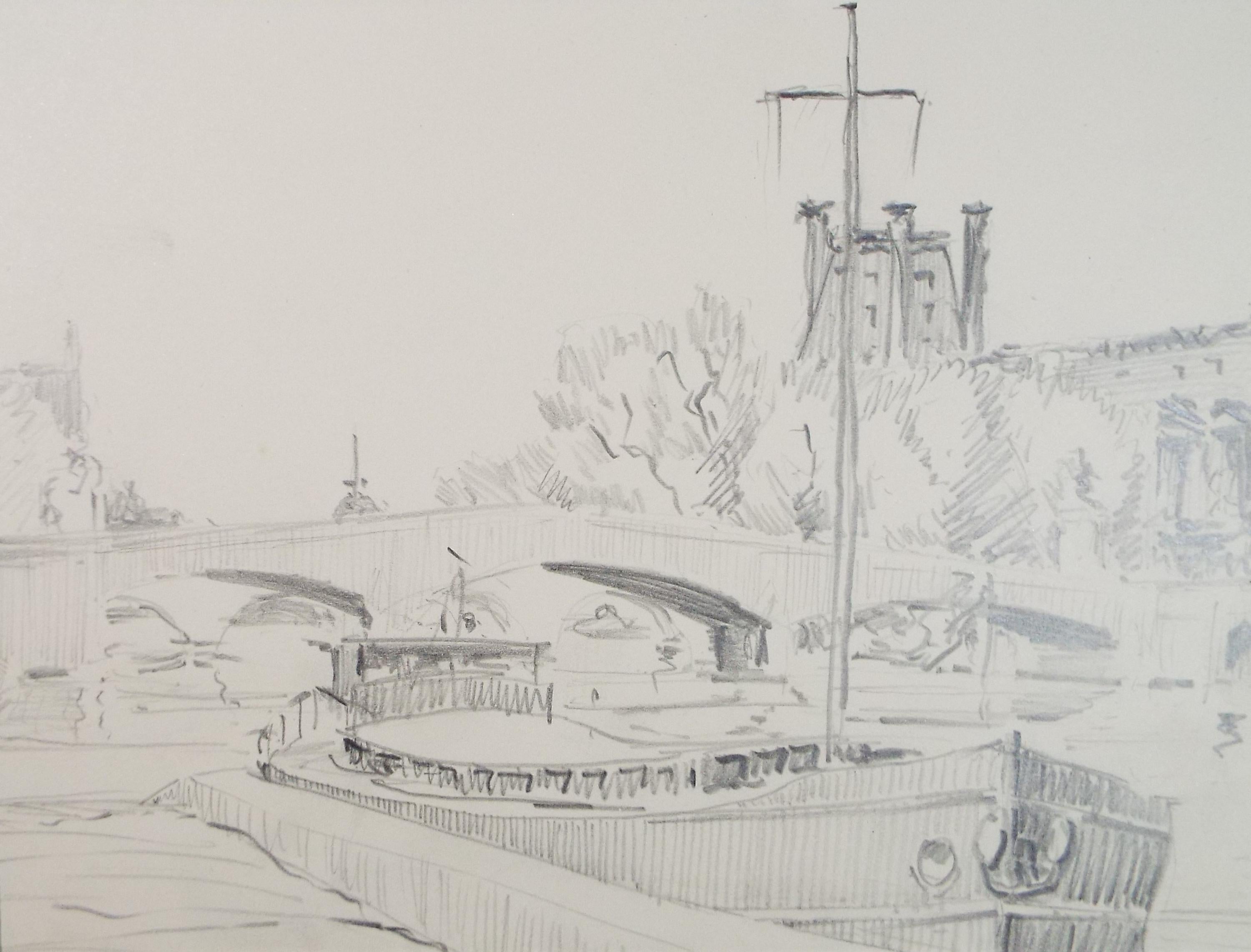 Original Pencil drawing, 'Barge Below the Bridge', circa 1950's Artist Unknown