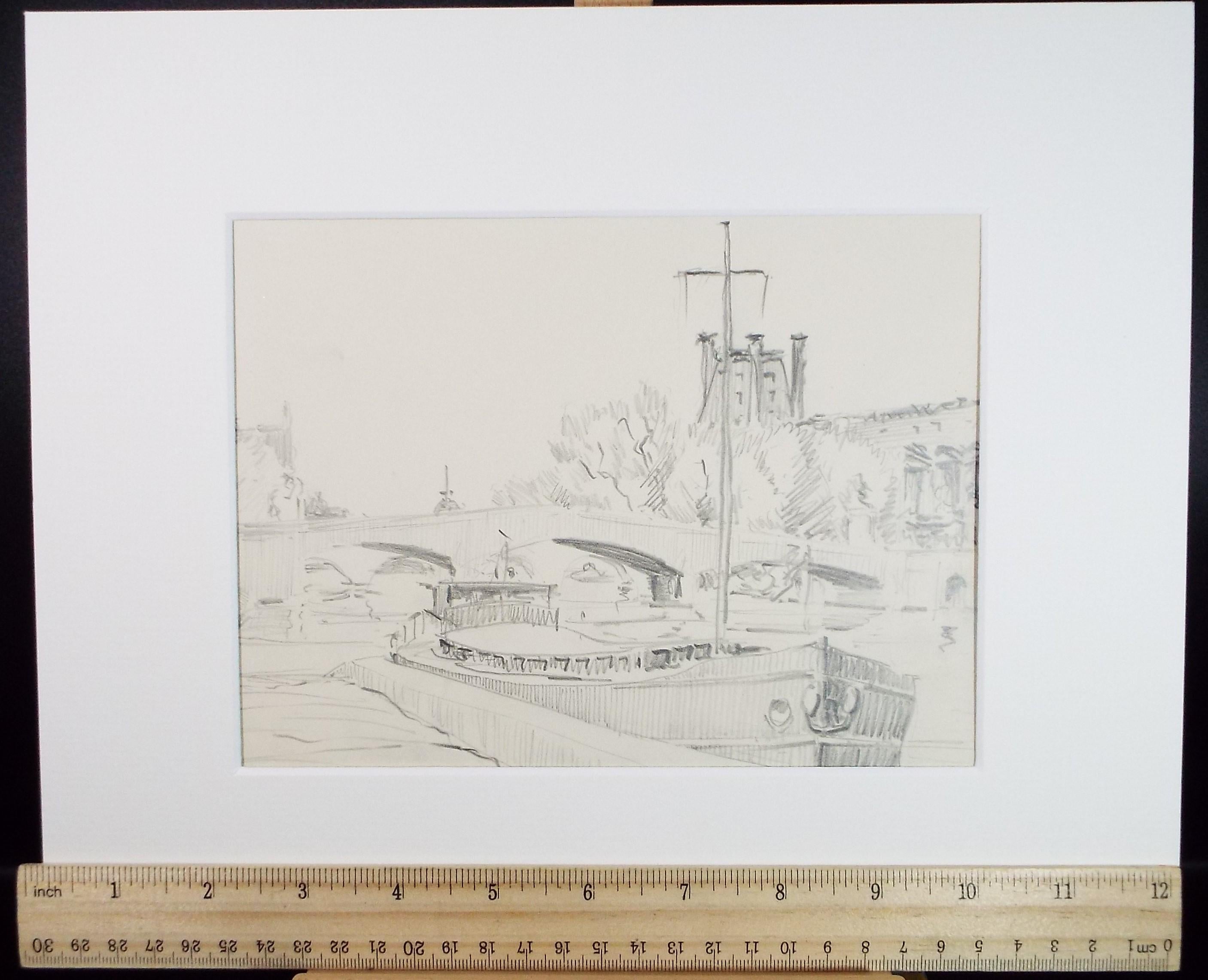 Original Pencil drawing, 'Barge Below the Bridge', circa 1950's Artist Unknown