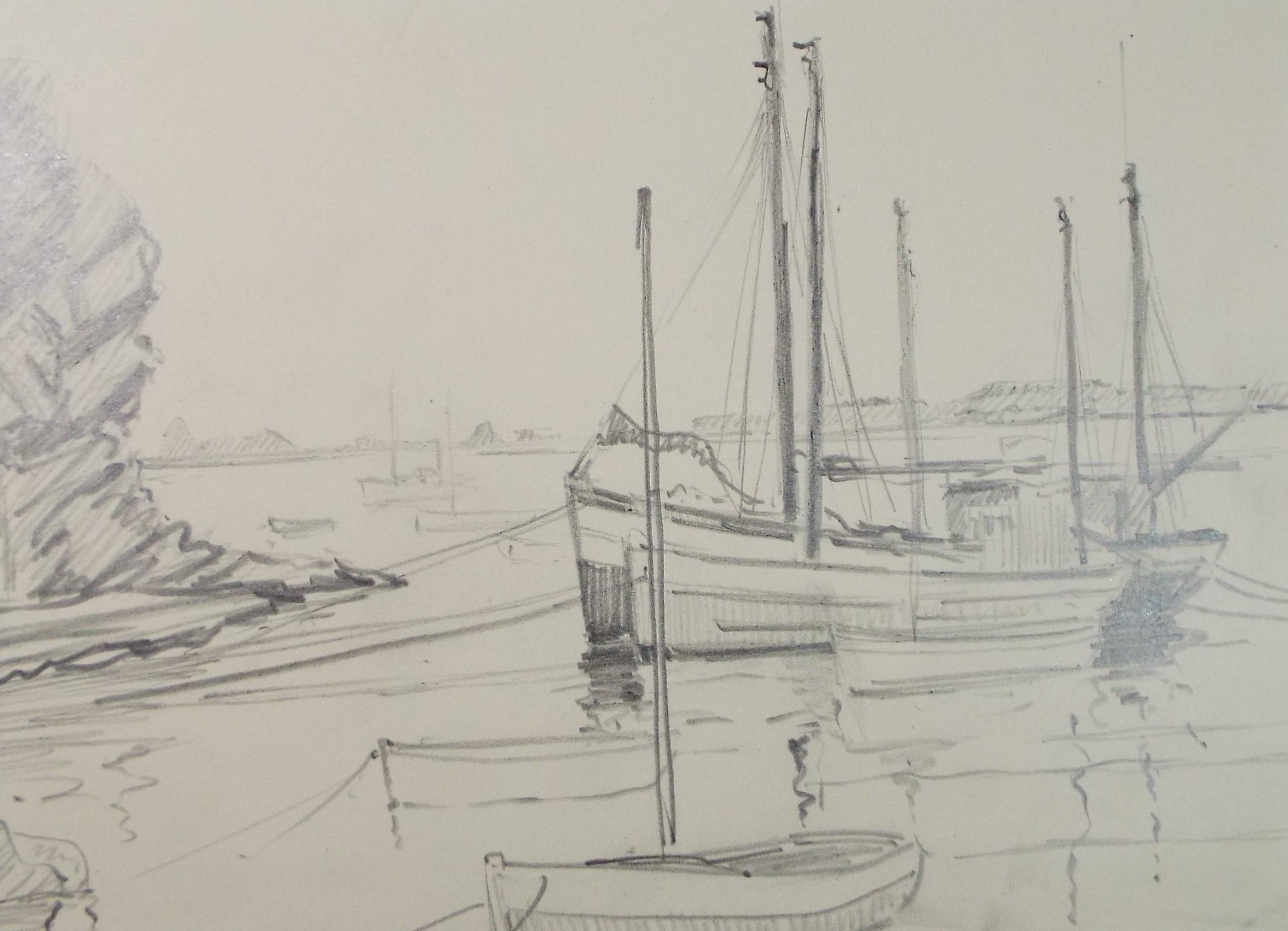 Original Pencil Drawing, 'Moored Boats, Circa 1950's, Artist Unknown