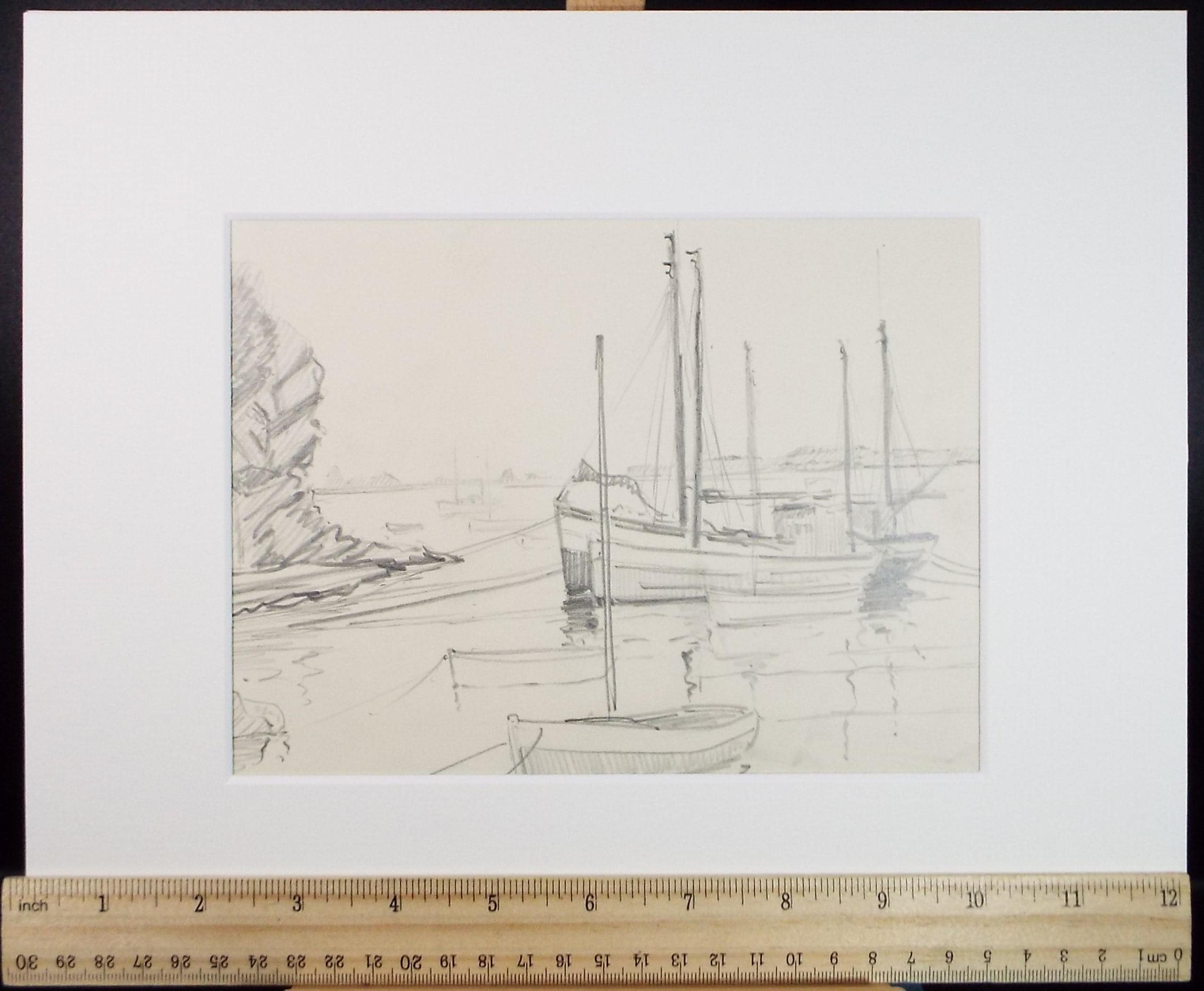 Original Pencil Drawing, 'Moored Boats, Circa 1950's, Artist Unknown