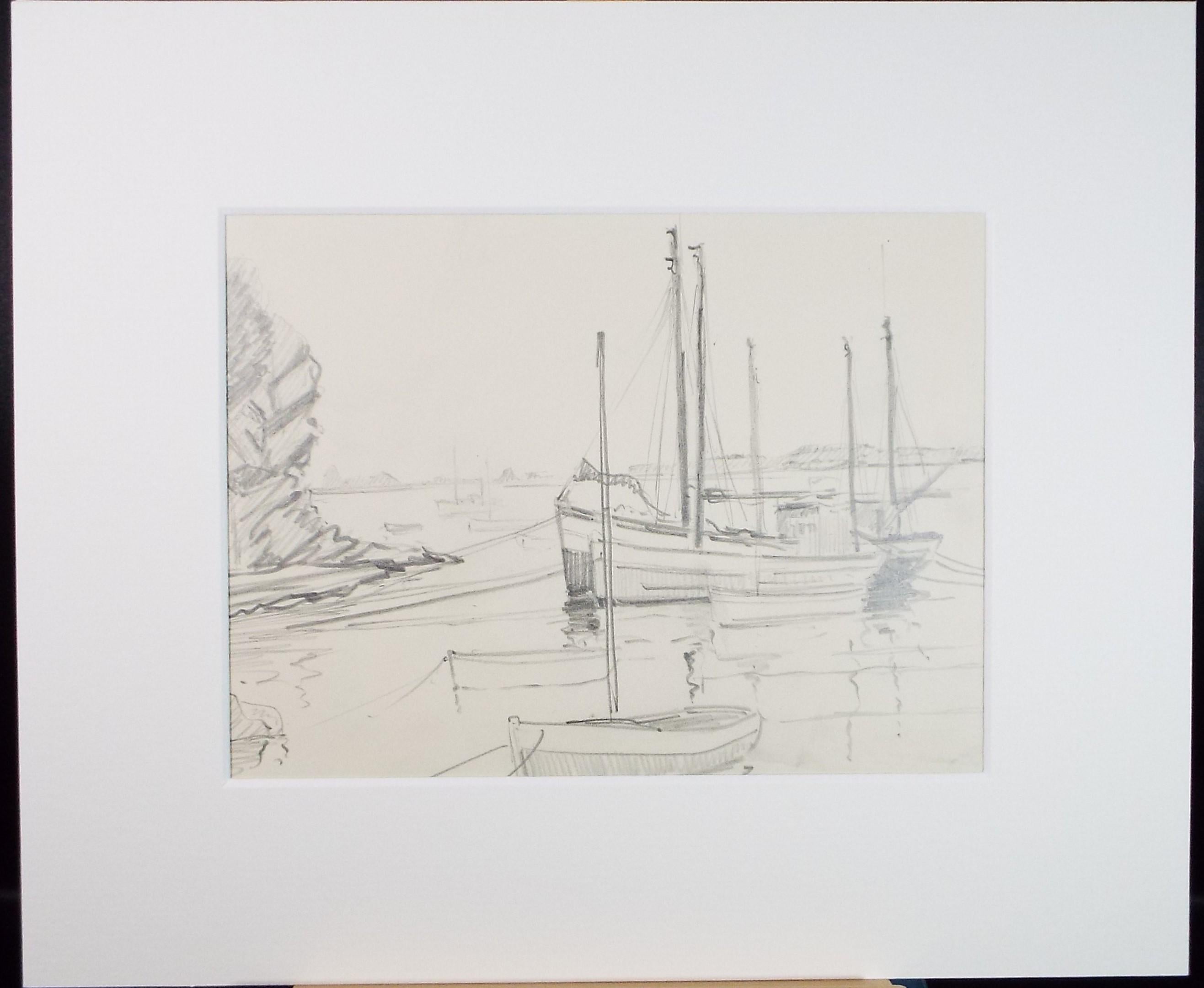 Original Pencil Drawing, 'Moored Boats, Circa 1950's, Artist Unknown