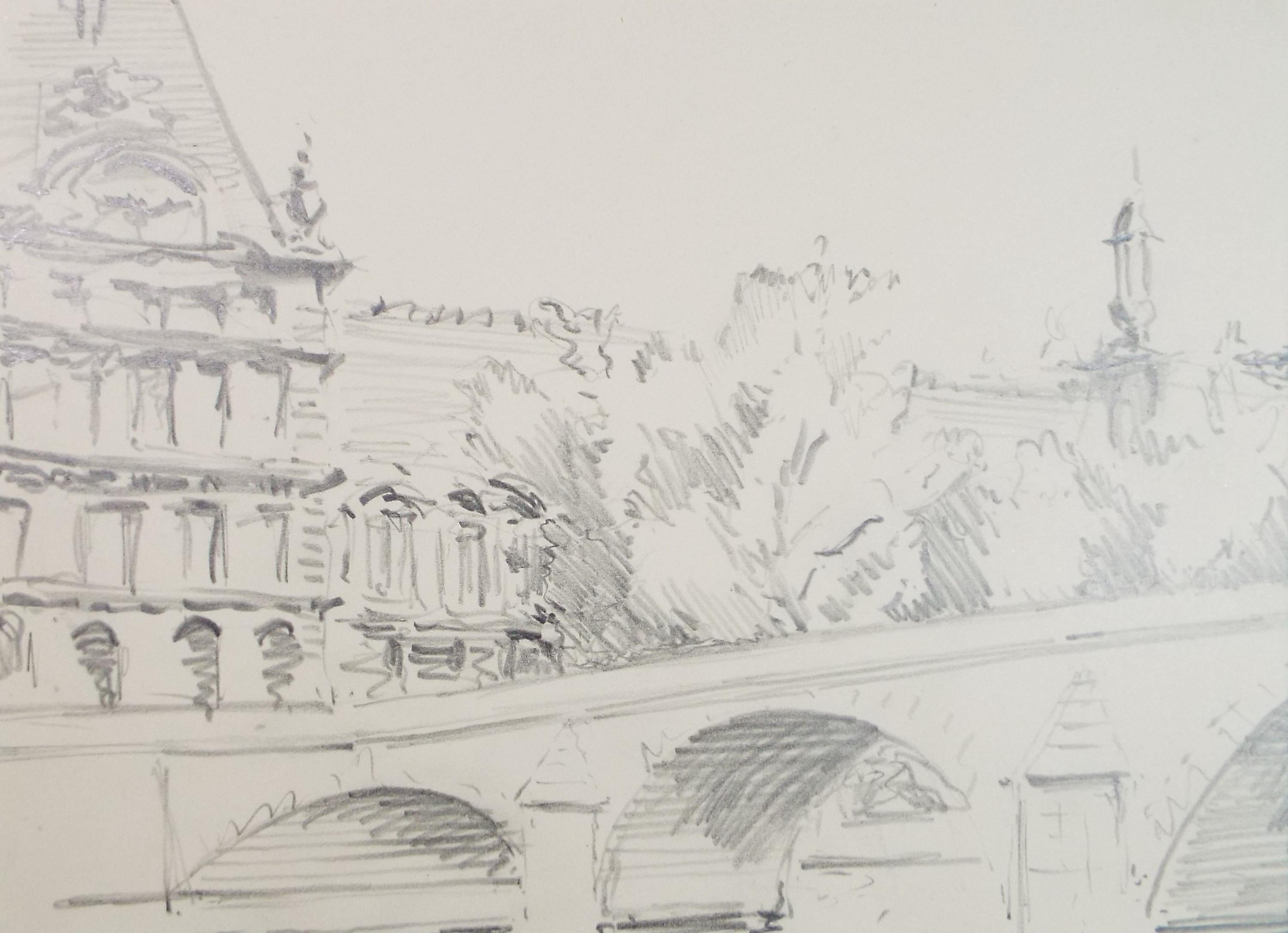 Original Pencil Drawing, 'Pont Royal', Circa 1950's, Artist Unknown