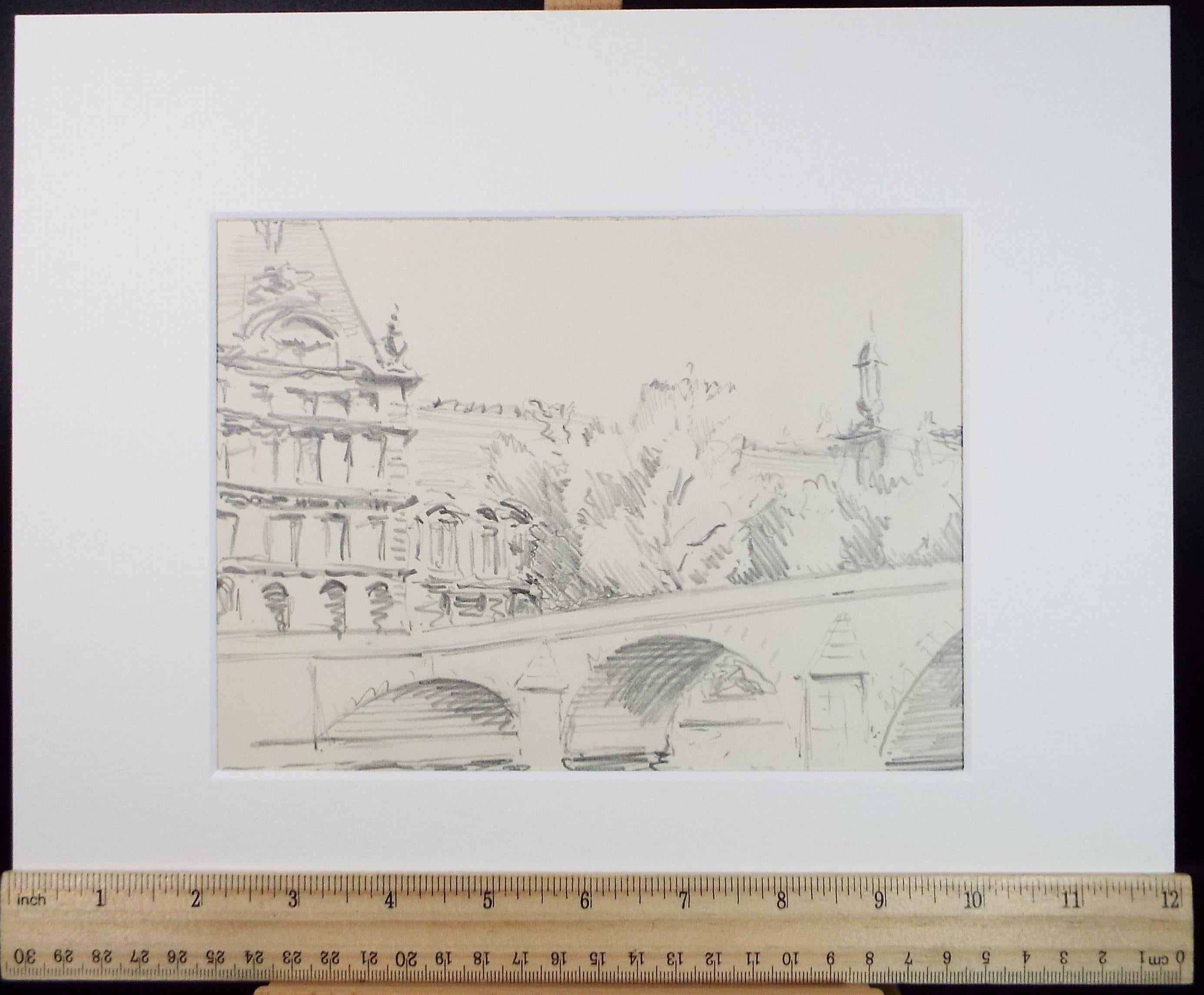 Original Pencil Drawing, 'Pont Royal', Circa 1950's, Artist Unknown