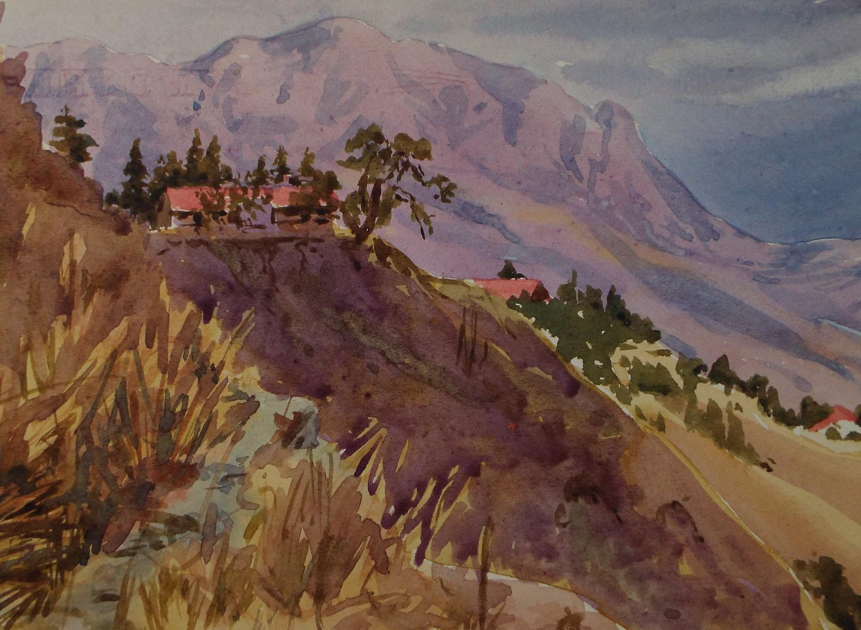 Original Watercolour, 'Hilltop Village', Circa 1950's, Artist Unknown