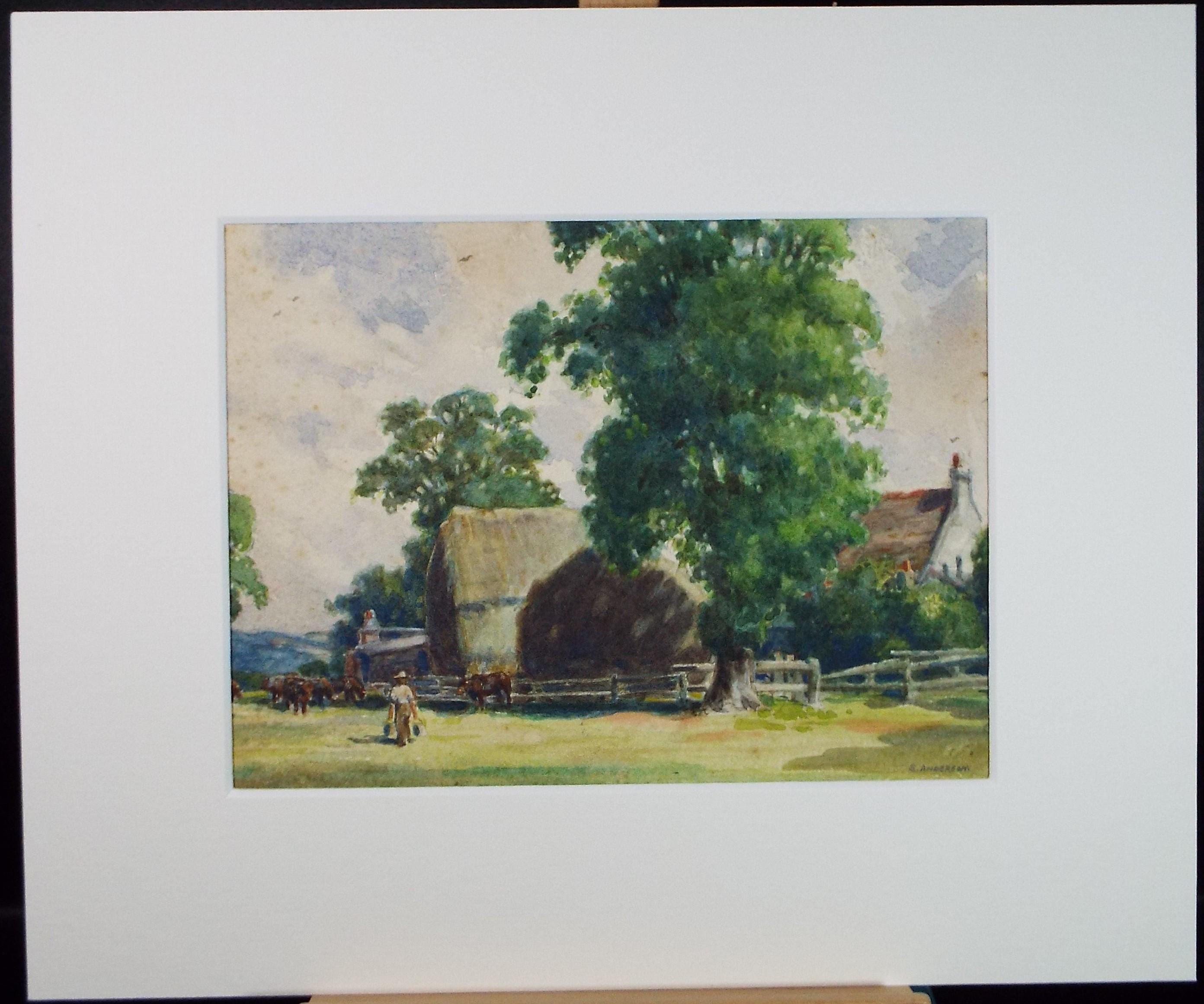 Original Watercolour 'Farm with Figure', circa 1930's, S Anderson