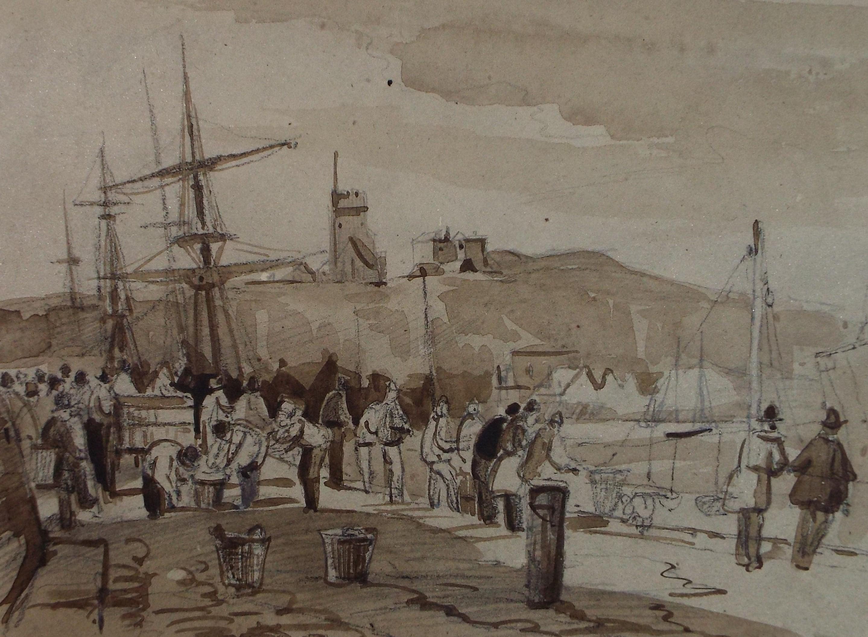 Original Watercolour, 'Quayside with Figures',Late 19th Century, artist Unknown