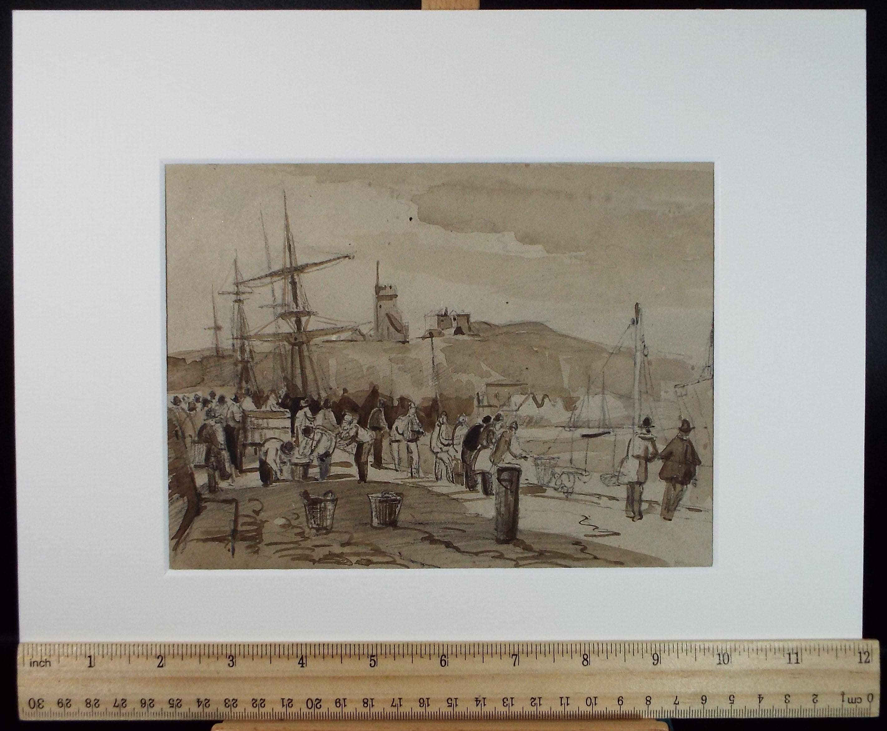 Original Watercolour, 'Quayside with Figures',Late 19th Century, artist Unknown